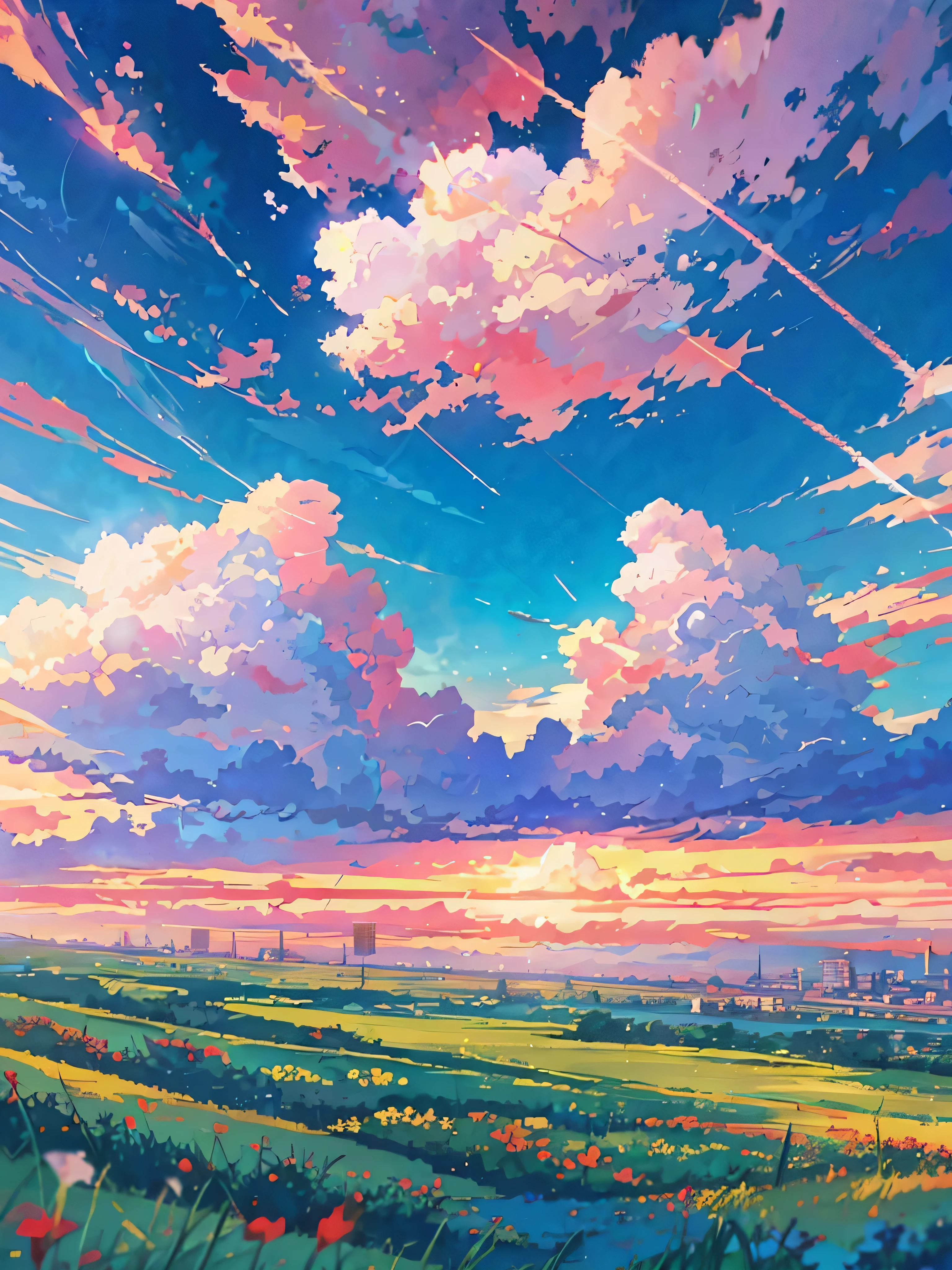 Beautiful anime landscape with sky and clouds, Anime landscape, anime countryside landscape, anime landscape wallpapers, anime beautiful peace scene, beautiful anime scenery, Anime Sky, Cosmos Sky. By Makoto Shinkai, rhads and lois van baarle, Makoto Shinkai Cyril Rolando, Anime background art, Anime Cloud, beautifull puffy clouds, Red flowers