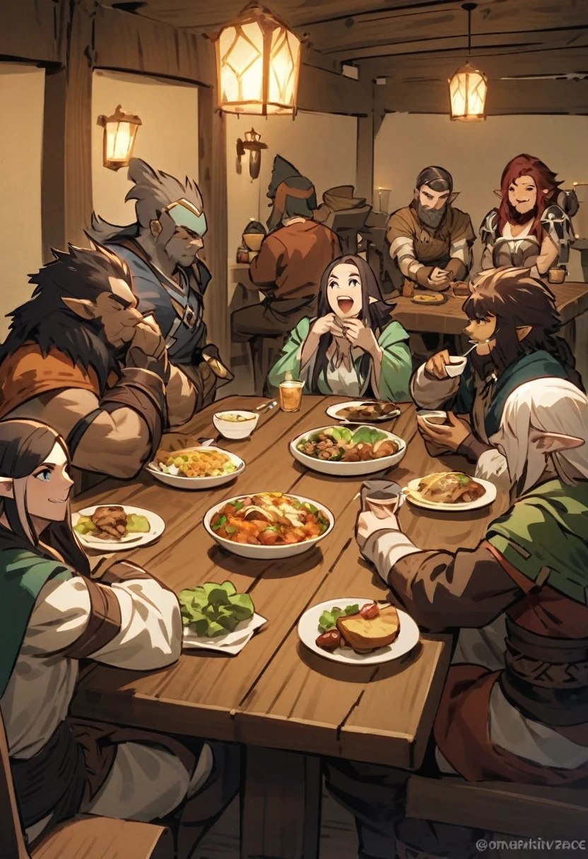 group of fantasy adventurers sitting at a tavern table eating. I am a dwarf, a half-elf, a human cleric, a human thief, a human sorceress, a half-orc barbarian, a human druid, a human bard