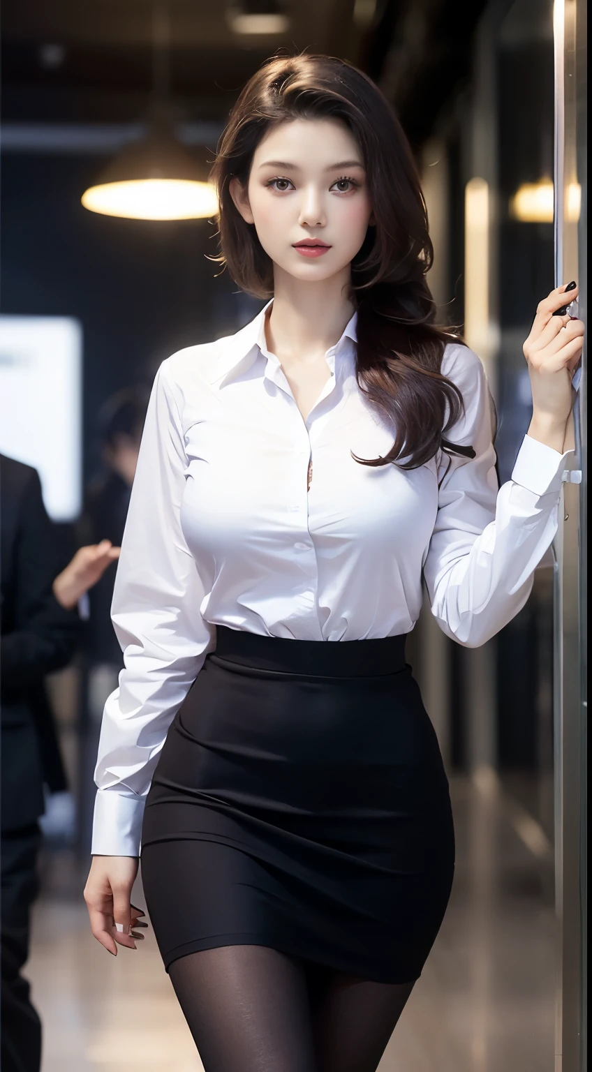 Elegant upper-class elite secretary，Wear a luxurious silk top, Skirts and thighs、27yo、big breasts body　162cm、Take a walk along the hallway、office clothes, (Wear pantyhose,Realistic pantyhose)、working in an office、wearing a strict business suit, Wear high-end heels、 Shirt girl, Wear an elegant shirt, Wear an ultra-thin top, merchant, Shirts and skirts, Wearing a silk shirt, Wear a shirt and skirt, 　　　　　　RAW photo, (8K、top-quality、tmasterpiece:1.2)、(intricately details:1.4)、(Photorealsitic:1.4)、octane renderings、Complex 3D Rendering Ultra Detail, Studio soft light, rim lights, vibrant detail, super detailing, realistic skin textures, Detal Face, Beautiful detail eyes, Very detailed CG Unity 16k wallpaper, Make up - up, (detailedbackground:1.2), Bare with thighs!!!,