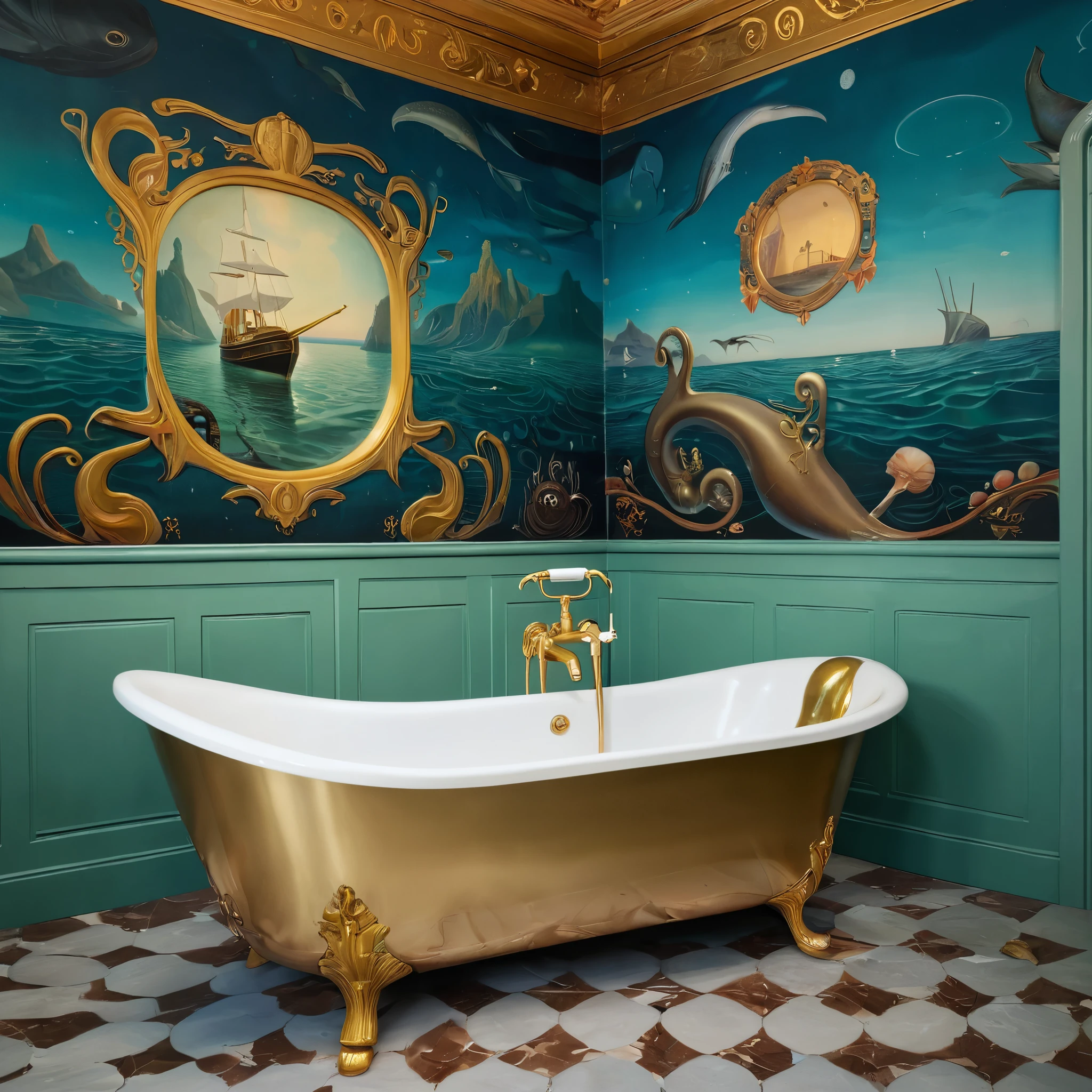 there is a bathtub and a sink in a bathroom with a mural on the wall, bathtub with golden faucet, maximalist art nouveau, art nouveau environment, interior of a bathroom, deep sea themed, inspired by Jean-Léon Gérôme, bathhouse, inspired by Vladimir Kush, 1 9 2 0 s room, strange and hauntingly beautiful