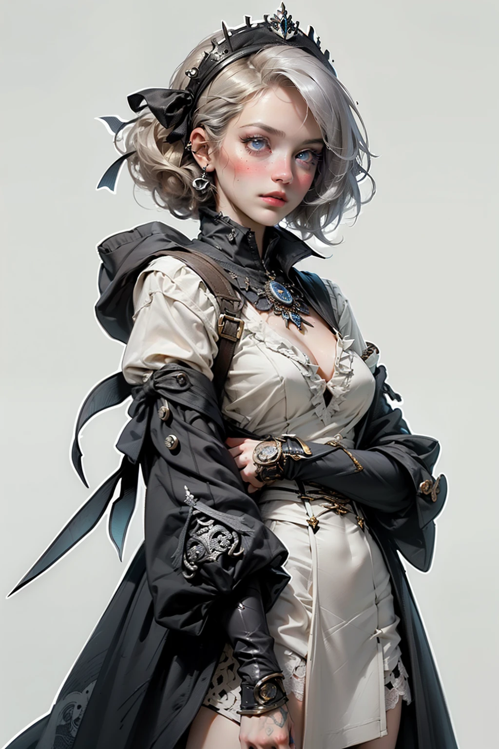 ((best quality)), ((masterpiece)), (detailed), perfect face, hand drawn style, hand painted style, watercolour, sketch, a knight, white background, plain background, Bloodborne inspired, tatty Bloodborne attire, occult aesthetic, occult, tatty red and white clothing detailed and intricate steampunk and detailed gothic ta (with a hood), diadems, long coat, Complex laced boots, Fluttering lace flared long knee length dress with frilly petticoats, long dress, knee length dress, pleated petticoats, loliress, petticoats gothic lolita, tiful small breasts, (((( Highly detailed face))), small thin nose, Small thin lips mouth, (((Very sharp focused eyes))), Very large slit precision pale grey eyes that shine like jewels. very long eyelashes, Silver hair swaying in the wind, Emitting a dazzling light in a mandala pattern, white background, Very dramatic and cinematic lighting, tatty damaged old red and white clothing, full body, whole body, body, cosmic horror, grim dark