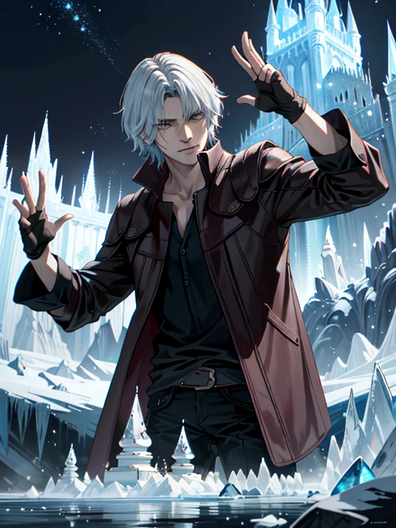 ((ultra detallado, obra maestra, absurdos))
DMC5Dante, 1 chico, solo, cabello corto, pelo blanco, Ice castle in a frozen wasteland, cristales de hielo brillantes, de pie con los brazos cruzados, emanando una presencia real