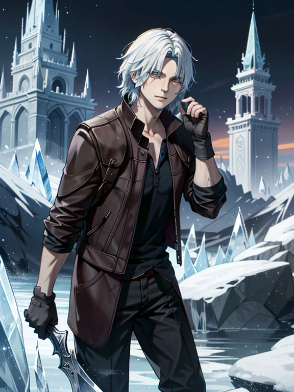 ((ultra detallado, obra maestra, absurdos))
DMC5Dante, 1 chico, solo, cabello corto, pelo blanco, Ice castle in a frozen wasteland, cristales de hielo brillantes, de pie con los brazos cruzados, emanando una presencia real