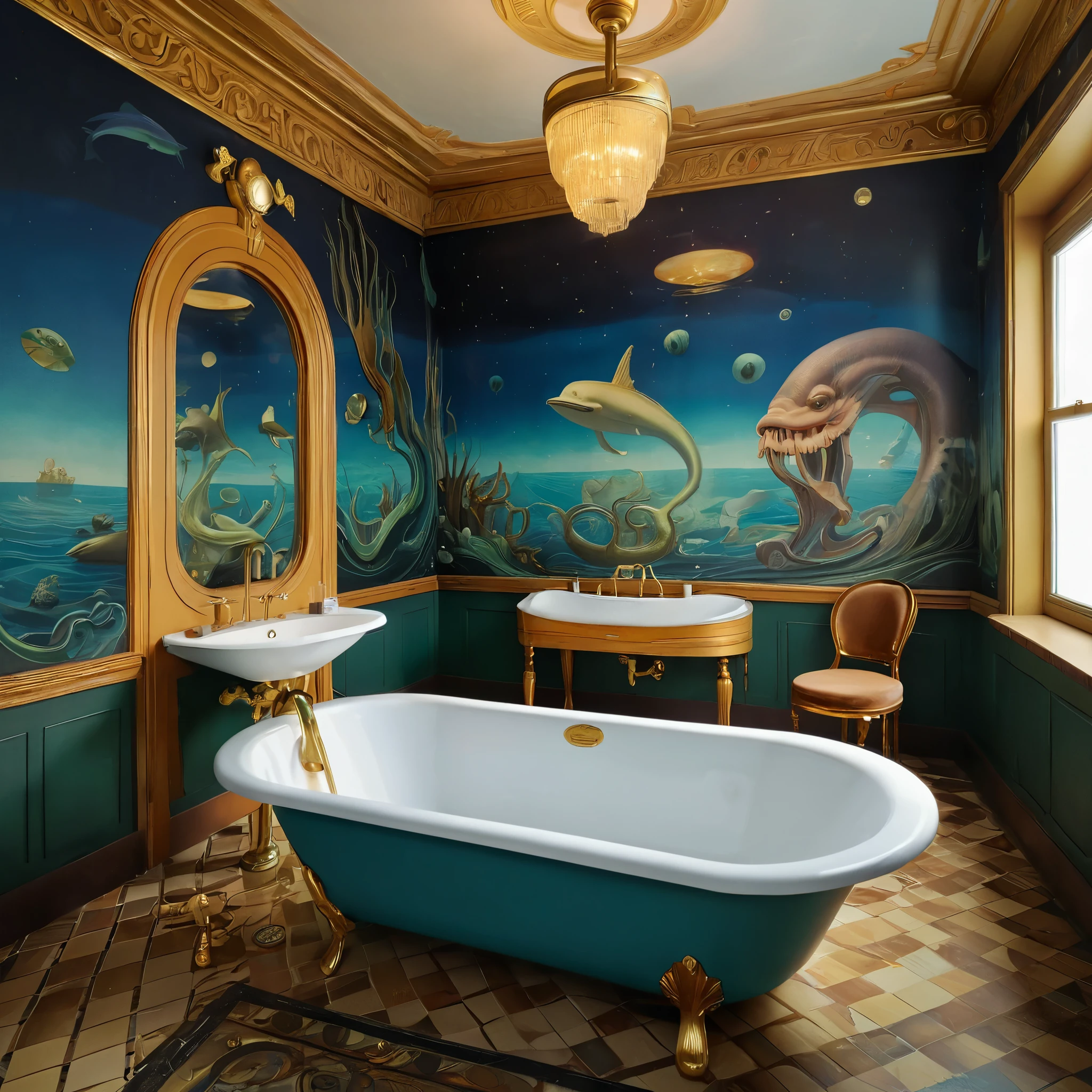 there is a bathtub and a sink in a bathroom with a mural on the wall, bathtub with golden faucet, maximalist art nouveau, art nouveau environment, interior of a bathroom, deep sea themed, inspired by Jean-Léon Gérôme, bathhouse, inspired by Vladimir Kush, 1 9 2 0 s room, strange and hauntingly beautiful