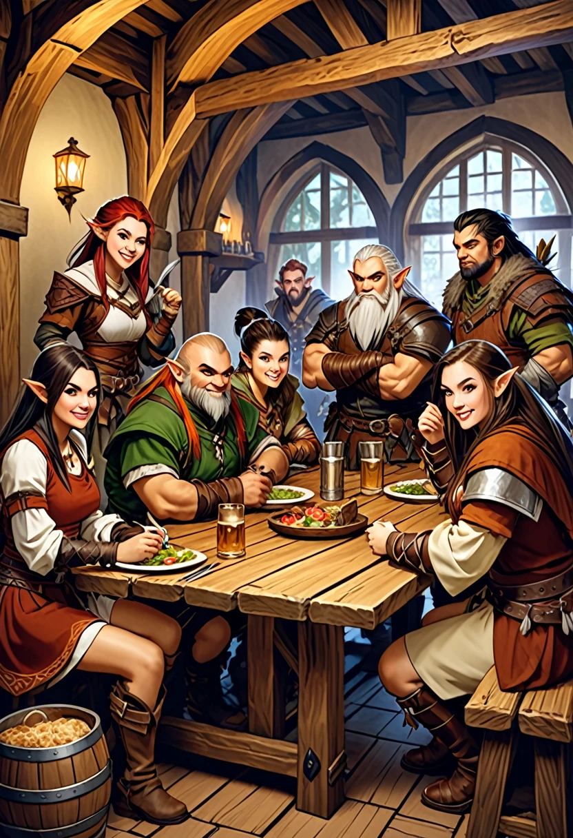 group of fantasy adventurers sitting at a tavern table eating. I am a dwarf, a half-elf, a human cleric, a human thief, a human sorceress, a half-orc barbarian, a human druid, a human bard
