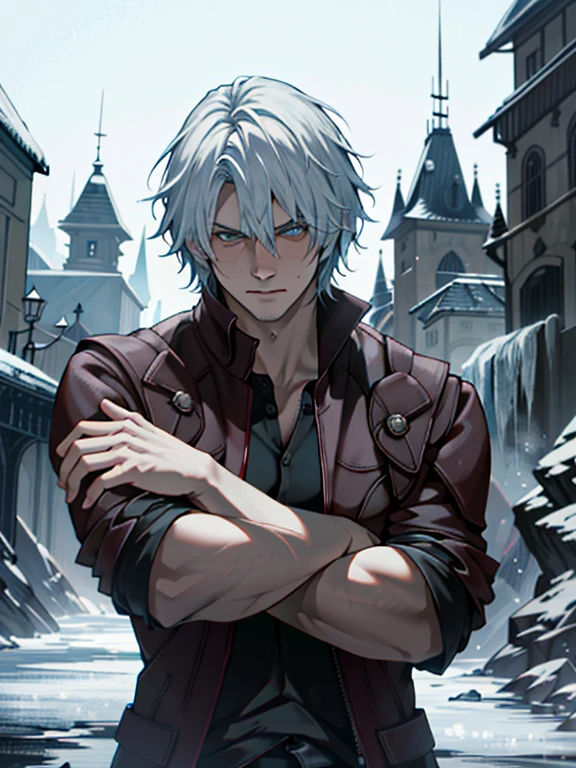 ((ultra detallado, obra maestra, absurdos))
DMC5Dante, 1 chico, solo, cabello corto, pelo blanco, Ice castle in a frozen wasteland, cristales de hielo brillantes, de pie con los brazos cruzados, emanando una presencia real