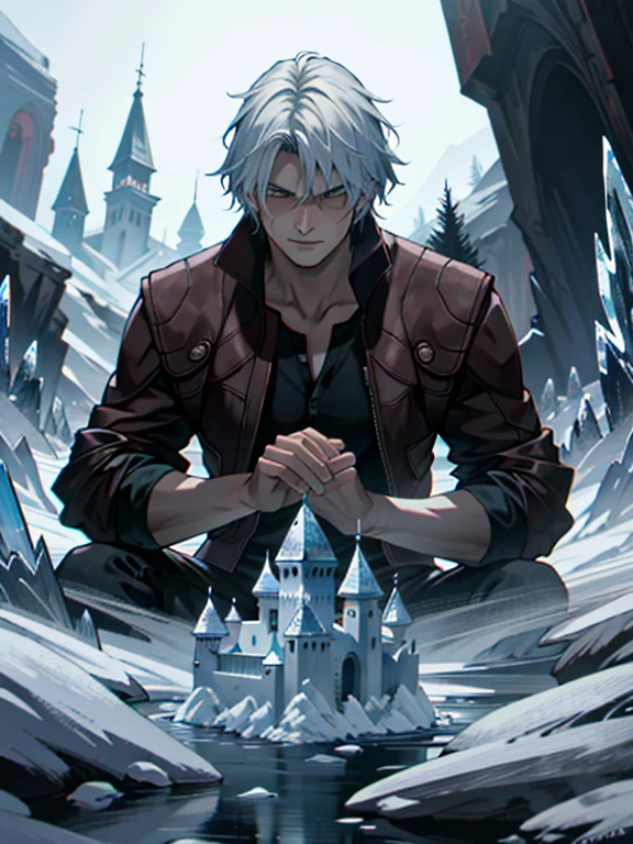 ((ultra detallado, obra maestra, absurdos))
DMC5Dante, 1 chico, solo, cabello corto, pelo blanco, Ice castle in a frozen wasteland, cristales de hielo brillantes, de pie con los brazos cruzados, emanando una presencia real