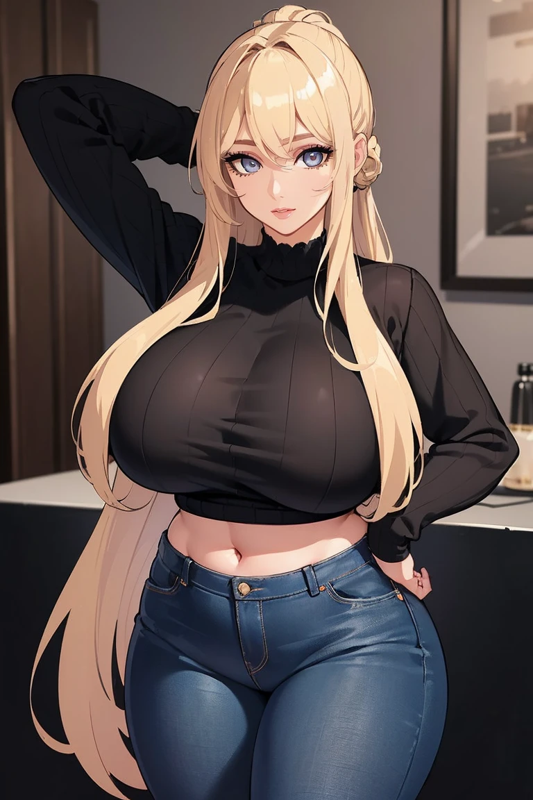 (Uhd, Masterpiece, Textured Skin, Super Detail, High Details, High Quality, Best Quality), Detailed Face, 1woman, pretty woman, ((Wide hips, thick thighs, massive huge breastonde hair tied up, (Blater shirt), jeans, (Huge Body), (Hair tied)