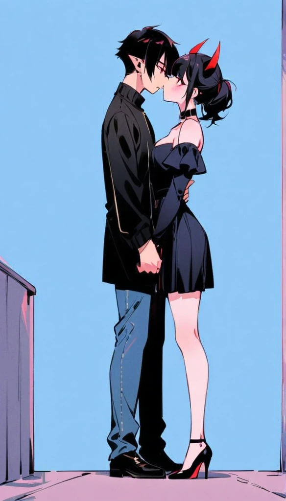 (best quality:1.2), 1 demon girls,1 kitsune mask boy,, face to face, looking at each other, standing apart, both standing apart, kissing, blue jeans, full body, black hair, red eyes