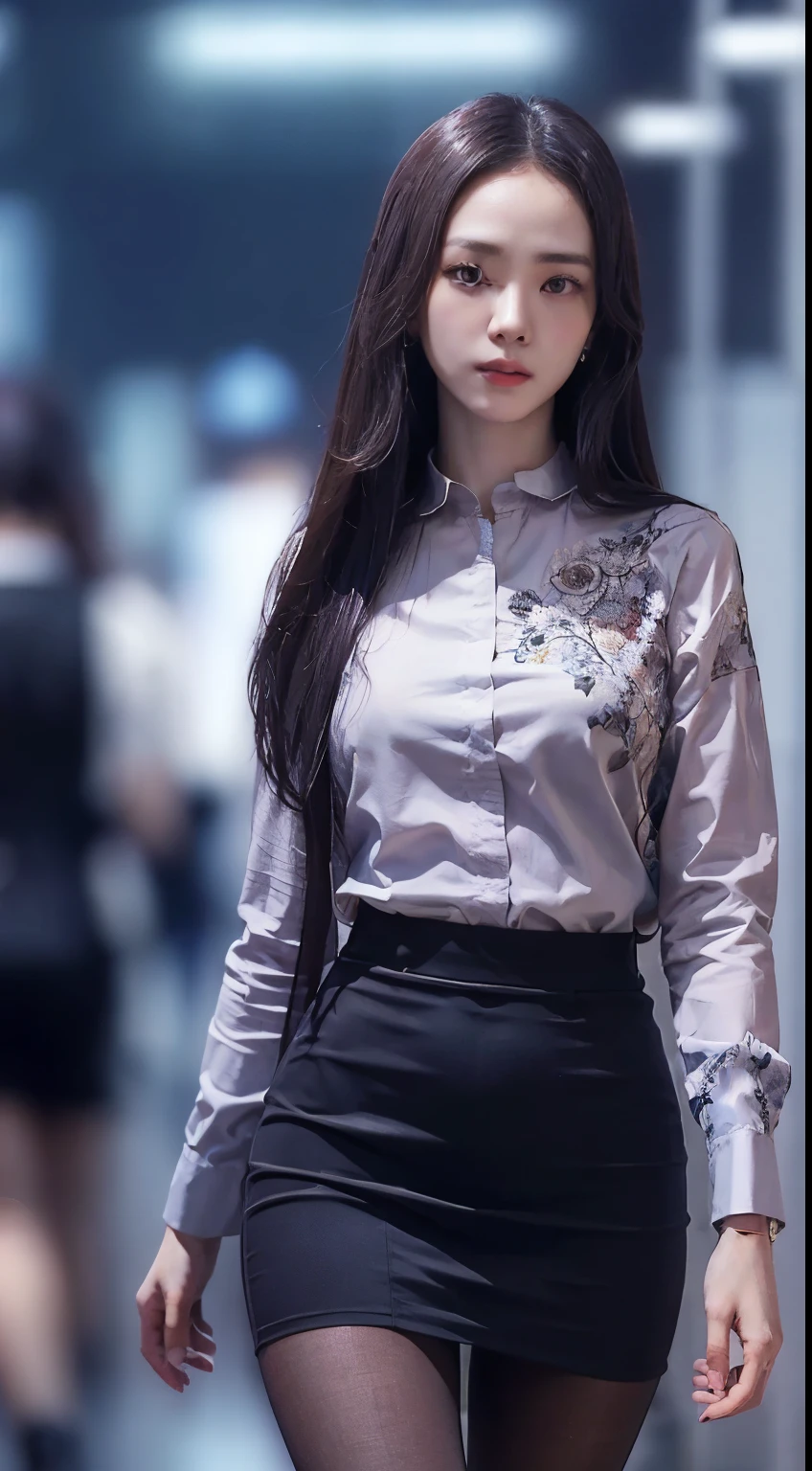 Elegant upper-class elite secretary，Wear a luxurious silk top, Skirts and thighs、27yo、big breasts body　162cm、Take a walk along the hallway、office clothes, (Wear pantyhose,Realistic pantyhose)、working in an office、wearing a strict business suit, Wear high-end heels、 Shirt girl, Wear an elegant shirt, Wear an ultra-thin top, merchant, Shirts and skirts, Wearing a silk shirt, Wear a shirt and skirt, 　　　　　　RAW photo, (8K、top-quality、tmasterpiece:1.2)、(intricately details:1.4)、(Photorealsitic:1.4)、octane renderings、Complex 3D Rendering Ultra Detail, Studio soft light, rim lights, vibrant detail, super detailing, realistic skin textures, Detal Face, Beautiful detail eyes, Very detailed CG Unity 16k wallpaper, Make up - up, (detailedbackground:1.2), Bare with thighs!!!,