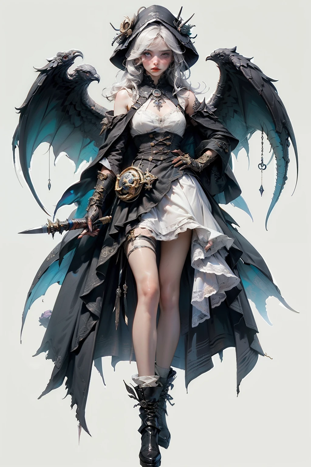 ((best quality)), ((masterpiece)), (detailed), perfect face, hand drawn style, hand painted style, watercolour, sketch, a knight, white background, plain background, Bloodborne inspired, tatty Bloodborne attire, occult aesthetic, occult, tatty red and white clothing detailed and intricate steampunk and detailed gothic lolita (with a hood), diadems, long coat, Complex laced boots, Fluttering lace flared long knee length dress with frilly petticoats, long dress, knee length dress, pleated petticoats, lolita dress, petticoats gothic lolita, beautiful small breasts, (((( Highly detailed face))), small thin nose, Small thin lips mouth, (((Very sharp focused eyes))), Very large slit precision pale grey eyes that shine like jewels. very long eyelashes, Silver hair swaying in the wind, Emitting a dazzling light in a mandala pattern, white background, Very dramatic and cinematic lighting, tatty damaged old red and white clothing, full body, whole body, body, cosmic horror, grim dark