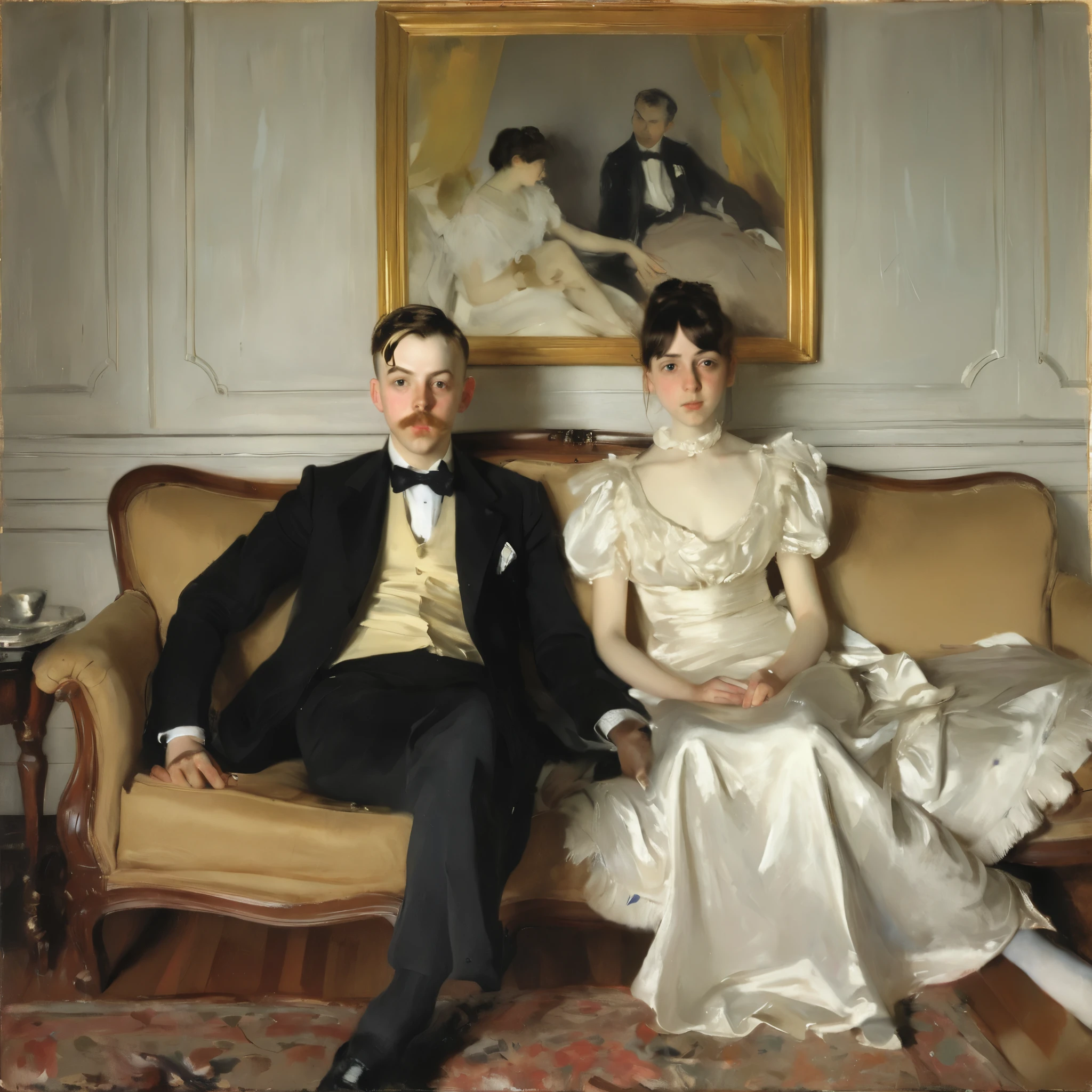 painting of a boy and girl sitting on a couch in a room, sargent and raffaelo monti, ruan kia and john singer sargent, john signer sargent, by Cecilia Beaux, by John Singer Sargent, by John Pettie, john sargent, john singer sargent style, by James Guthrie, by Thomas Eakins, by William Merritt Chase, sargent