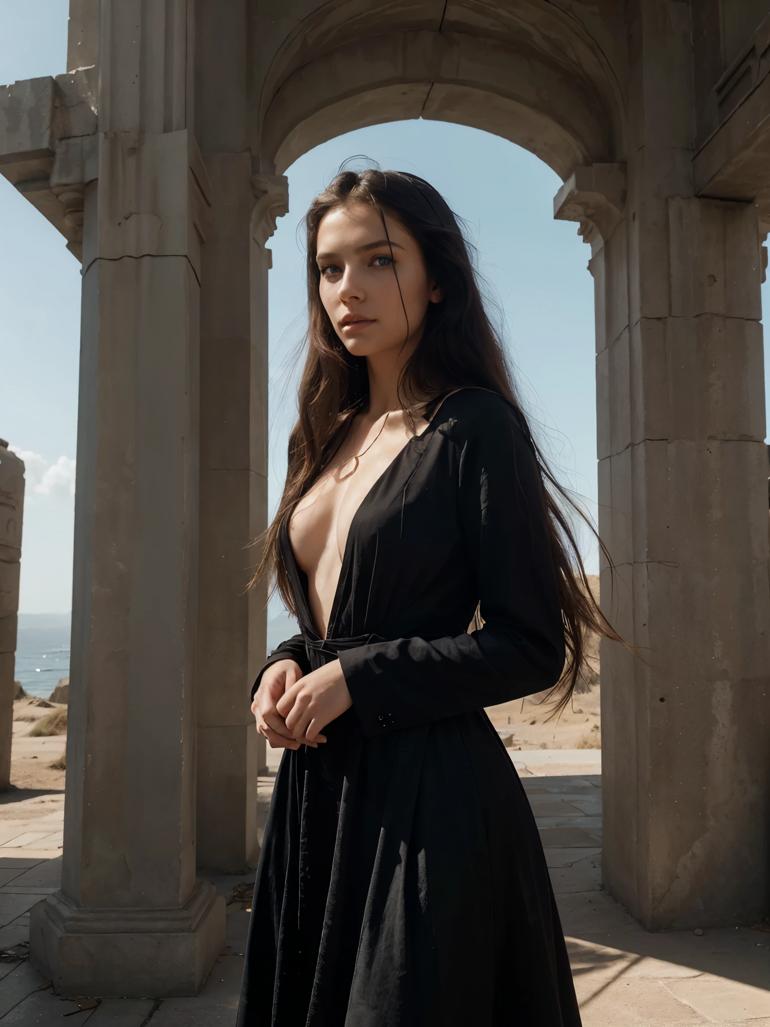 
3D ,stunning girl ,looking  at the viewer ,beautiful perfect bright Blue eyes, very beautiful face,windy day, Golden bracelets and necklaces, long hair is waving in the wind ,(official art, beautiful and aesthetic:1.2), extremely detailed, highest detailed, pale skin, the creamy smooth skin, long  monolith blocks and columns, star and nebulas at the horizon, black  dark post- modern dress is waving at the wind, strong light, backlighting, withered vegetation, thread, glass, strong shadow, close-up, fog, futuristic fashion, modern art, movement, Post-apocalyptic, Biofabric, Gothic wind,soft light on face
