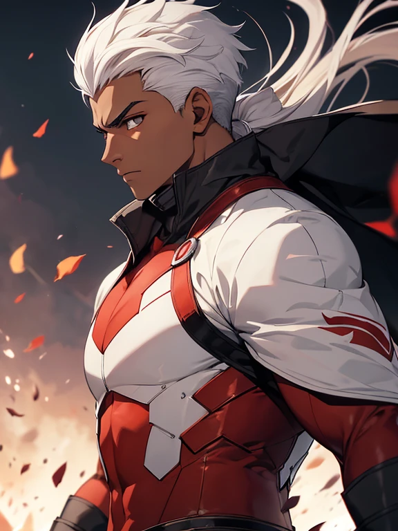 The counterguard archer Emiya with dark skin and white hair., tiene ojos rojos y una chaqueta roja que deja ver su barriga, el es musculoso y tiene poderes rojos. He is in a fighting position with his fists closed..
