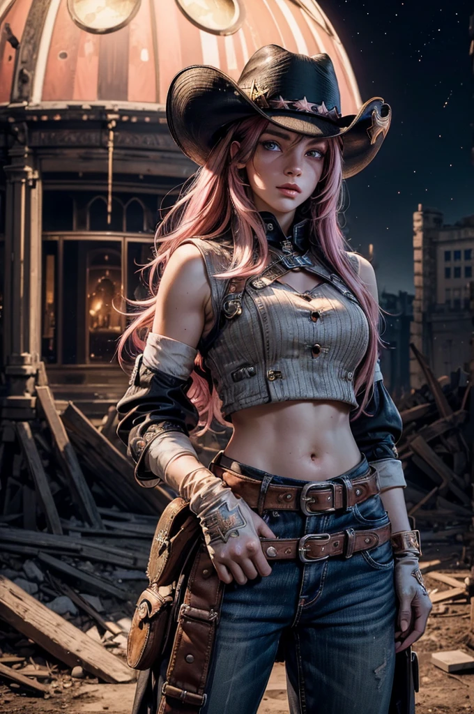 (masterpiece,stunning girlfriend, (standing:1.1), dynamic pose, heart shaped face, elegant face, beautiful face, highly detailed face, highly detailed skin, skin pores, subsurface scattering, realistic pupils, looking at viewer, full lips, detailed background, depth of field, atmospheric perspective, volumetric lighting, sharp focus, absurdres, realistic proportions, good anatomy, (realistic, hyperrealistic:1.4), 16k hdr,  neopolitan, neopolitan, long hair, brown hair, (brown eyes:1.3), brown eyes, pink eyes, (heterochromia:1.2), ((two-tone hair, split-color hair, pink hair, brown hair, multicolored hair)), BREAK gloves, hat, navel, detached sleeves, midriff, belt, pants, white gloves, black headwear, bowler hat, boxing pose, BREAK outdoors, night, stars, moon, post-apocalypse, dystopian future, london in ruins, big ben, crowd, (crowd in military uniforms), bonfires, BREAK looking at viewer, (cowboy shot:1.5), BREAK (masterpiece:1.2), best quality, high resolution, unity 8k wallpaper, (illustration:0.8), (beautiful detailed eyes:1.6), extremely detailed face, perfect lighting, extremely detailed CG, (perfect hands, perfect anatomy)