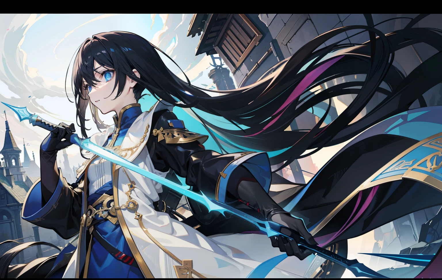 1 person, Reference table, (Fantasy character design, front, retreat, side) Feminine, assassin, Dark device users, In terms of body shape, Have no sting in it. Magical blue eyes, Black long hair, Neatly stored. Skinny Assassin Clothing.