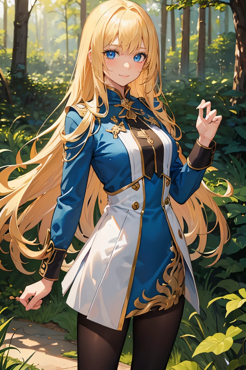 Safe for work, masterpiece, best quality, solo, 1 girl, facing forward, looking at camera,cowboyshot (young female body:1.4), ( medium small breasts), golden yellow hair, extra long hair, blunt bangs, crystal blue eyes, very detailed eyes, forest background, griffin style uniform, shy smile, dark blue griffin style dress, tights,