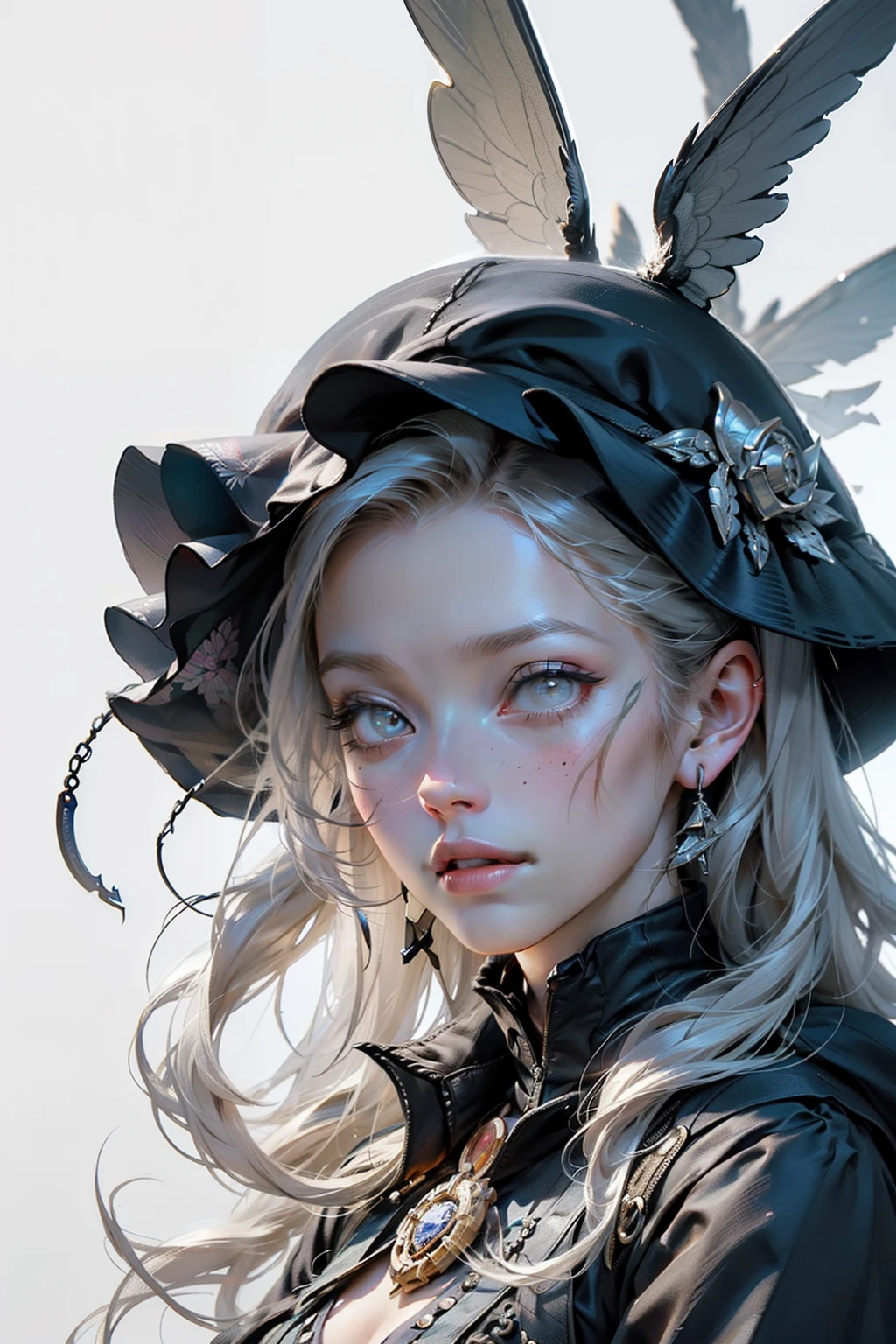 ((best quality)), ((masterpiece)), (detailed), perfect face, hand drawn style, hand painted style, watercolour, sketch, a knight, white background, plain background, Bloodborne inspired, tatty Bloodborne attire, occult aesthetic, occult, tatty red and white clothing detailed and intricate steampunk and detailed gothic lolita (with a hood), diadems, long coat, Complex laced boots, Fluttering lace flared long knee length dress with frilly petticoats, long dress, knee length dress, pleated petticoats, lolita dress, petticoats gothic lolita, beautiful small breasts, (((( Highly detailed face))), small thin nose, Small thin lips mouth, (((Very sharp focused eyes))), Very large slit precision pale grey eyes that shine like jewels. very long eyelashes, Silver hair swaying in the wind, Emitting a dazzling light in a mandala pattern, white background, Very dramatic and cinematic lighting, tatty damaged old red and white clothing, full body, whole body, body, cosmic horror, grim dark