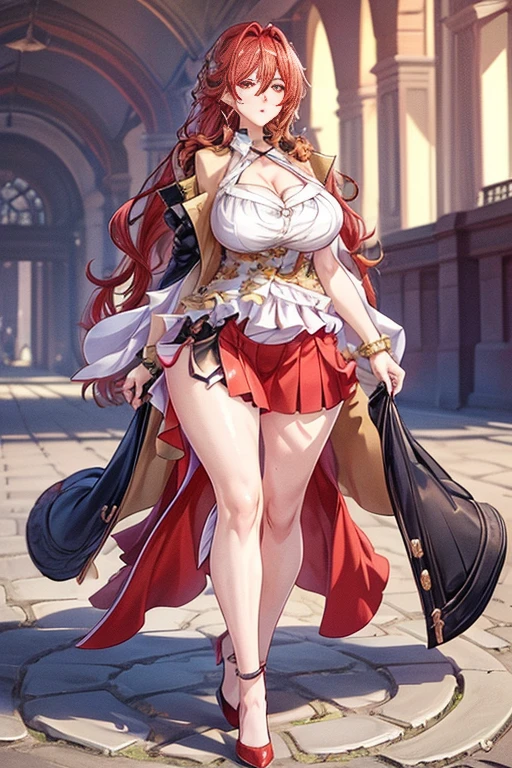 woman，(((Large Breasts、Breast sagging、Low-cut，Cleavage ，Wide hips,)))((Long legs)),Hourglass figure))Short skirt，Pleated group，mini skirt（Large font size），8K picture quality，Long legs，permanent