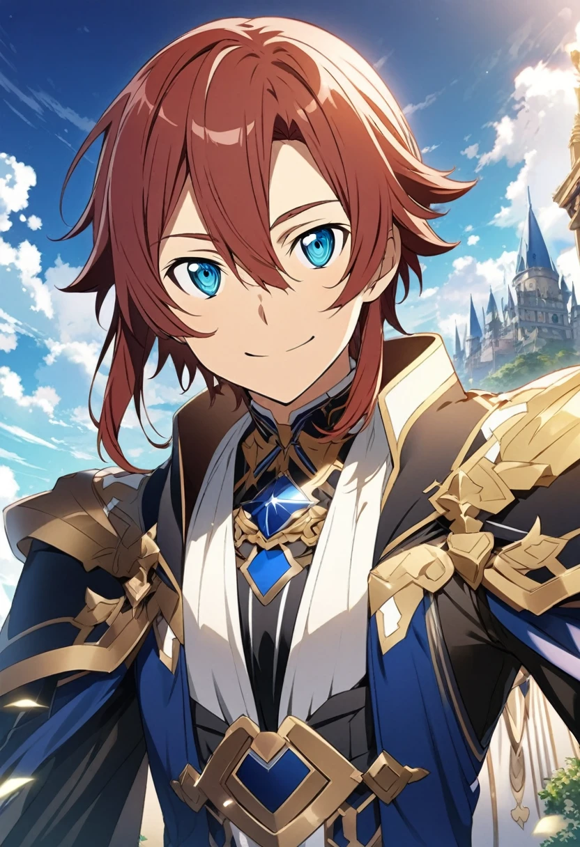 Cale Henituse \(Sword Art Online\), short crimson hair, sapphire blue eyes:1.2, noble costume, bangs, smiling gently, ((ultra-detailed)), ((illustration)), (neat hair)), (beautiful detailed eyes), male, 1boy, ((sky)), looking at viewer