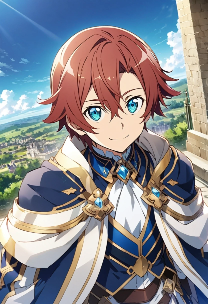 Cale Henituse \(Sword Art Online\), short crimson hair, sapphire blue eyes:1.2, noble costume, bangs, smiling gently, ((ultra-detailed)), ((illustration)), (neat hair)), (beautiful detailed eyes), male, 1boy, ((sky)), looking at viewer