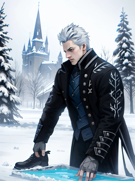 ((ultra detallado, obra maestra, absurdos))
DMC5Vergil, 1 chico, solo, cabello corto, pelo blanco, Ice castle in a frozen wasteland, cristales de hielo brillantes, de pie con los brazos cruzados, emanando una presencia real