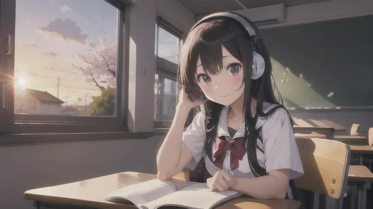 A high school girl wearing headphones is studying in the classroom、Sunset、The cherry blossoms are flickering、Cute expression