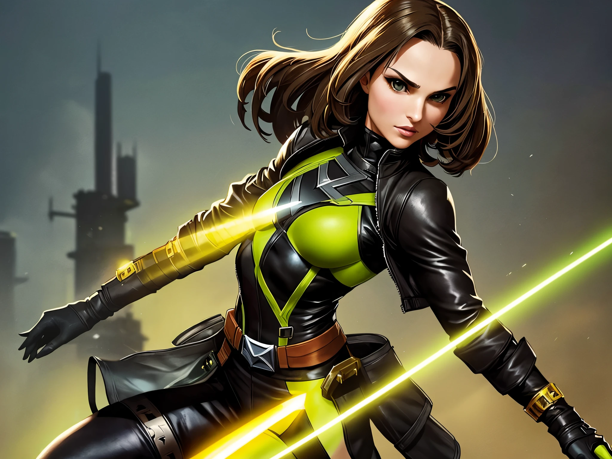 natalie portman as Rogue (X-Men), Gothic Girl, Sculptural Body Gothic Makeup, brown jacket, yellow and green bodysuit, Masterpiece, Best Quality, Cowboy Shot, 1girl, Solo, Technological Military Bodysuit, Fringe