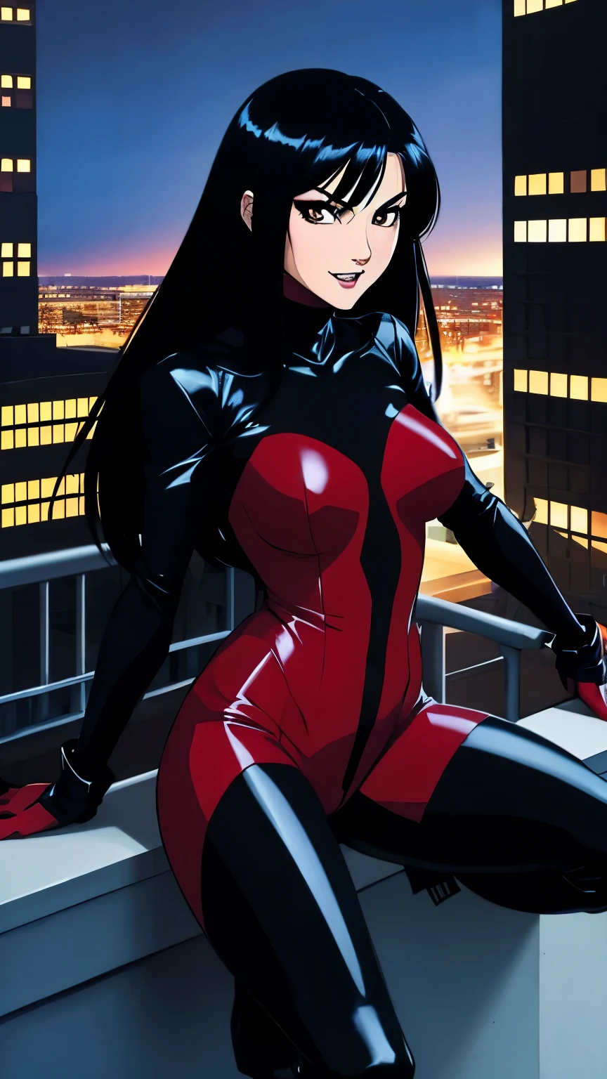 Female, vampire Black tight bodysuit, black hair, medium hair, straight hair, medium breasts, black boots, slim figure, vampire teeth, fangs, brown eyes, hungry eyes look, night city Rooftop background 