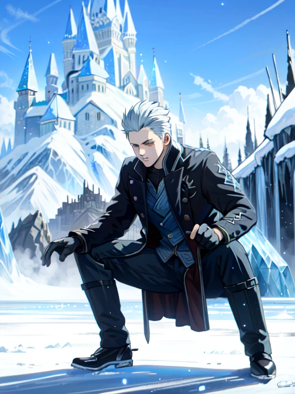 ((ultra detallado, obra maestra, absurdos))
DMC5Vergil, 1 chico, solo, cabello corto, pelo blanco, Ice castle in a frozen wasteland, cristales de hielo brillantes, de pie con los brazos cruzados, emanando una presencia real