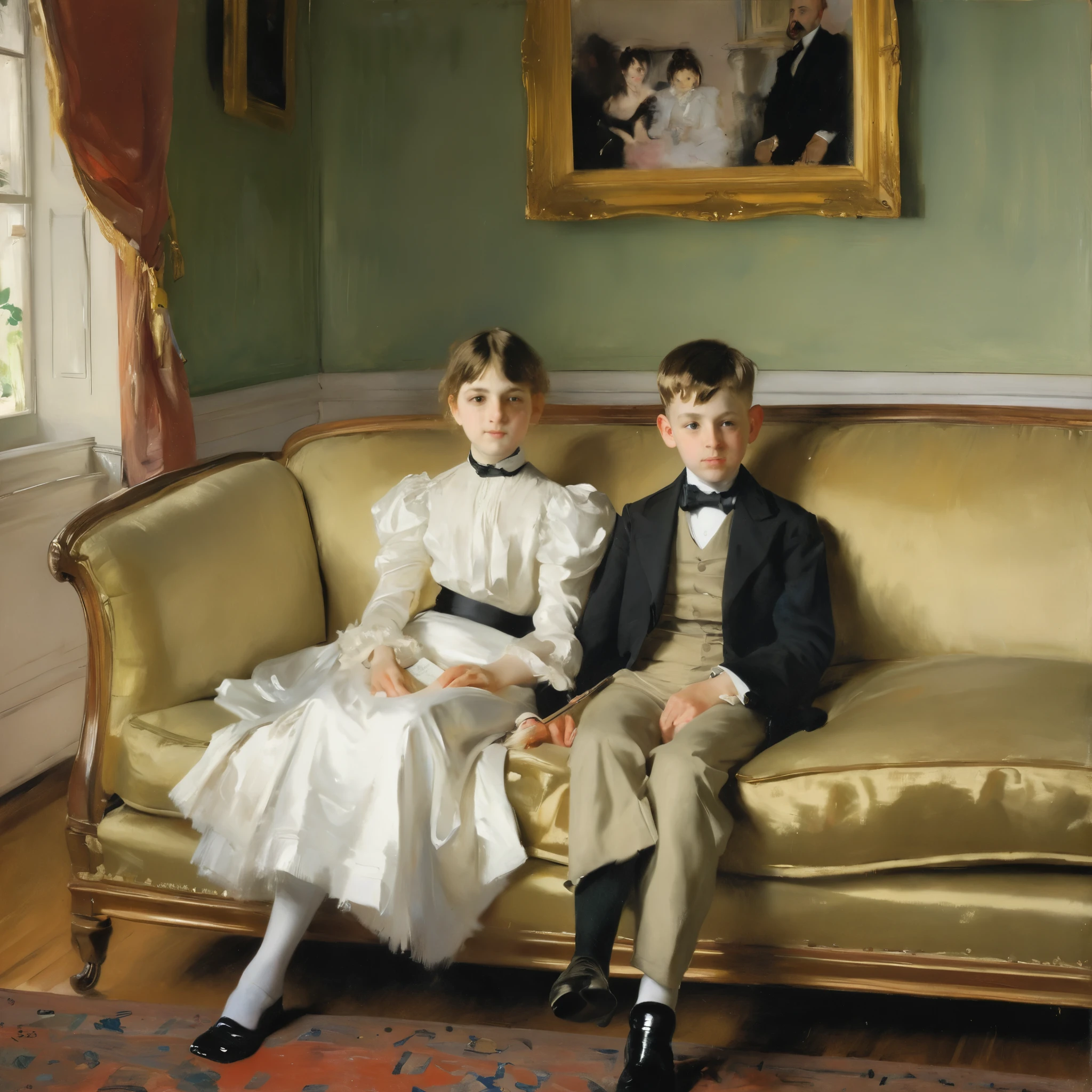 painting of a boy and girl sitting on a couch in a room, sargent and raffaelo monti, ruan kia and john singer sargent, john signer sargent, by Cecilia Beaux, by John Singer Sargent, by John Pettie, john sargent, john singer sargent style, by James Guthrie, by Thomas Eakins, by William Merritt Chase, sargent