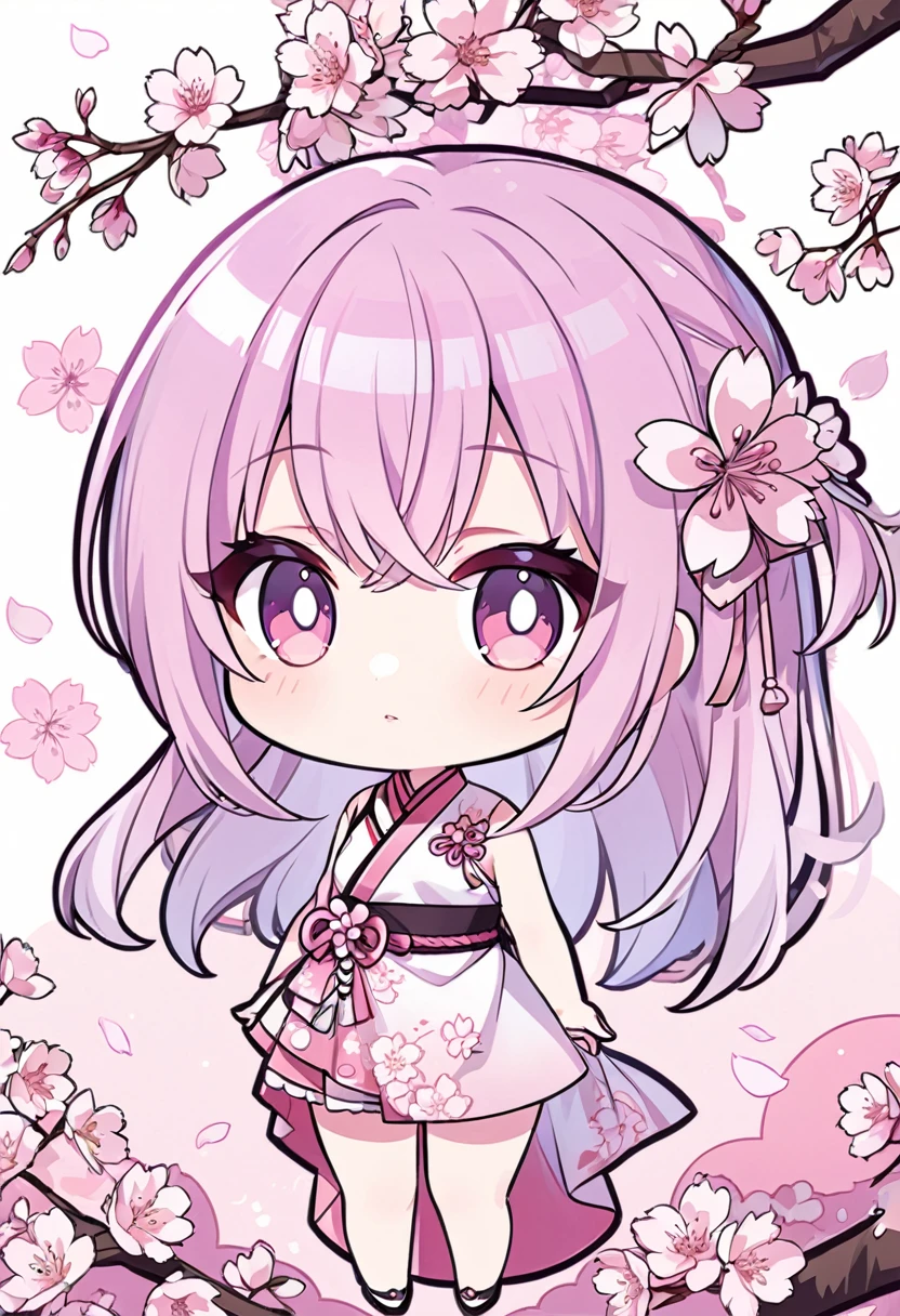 Chibi character,cherry blossoms,Half Up,pink髪,pink,No sleeve,white,