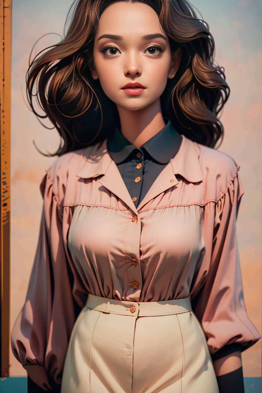 a beautiful woman, detailed face, detailed hair, smiling, light brown hair, warm expression, 1 woman, full body, blouse, skirt, crosswalk, intersection, complex background, subtle lighting, motion blur, (best quality,4k,8k,highres,masterpiece:1.2),ultra-detailed,(realistic,photorealistic,photo-realistic:1.37),pattern