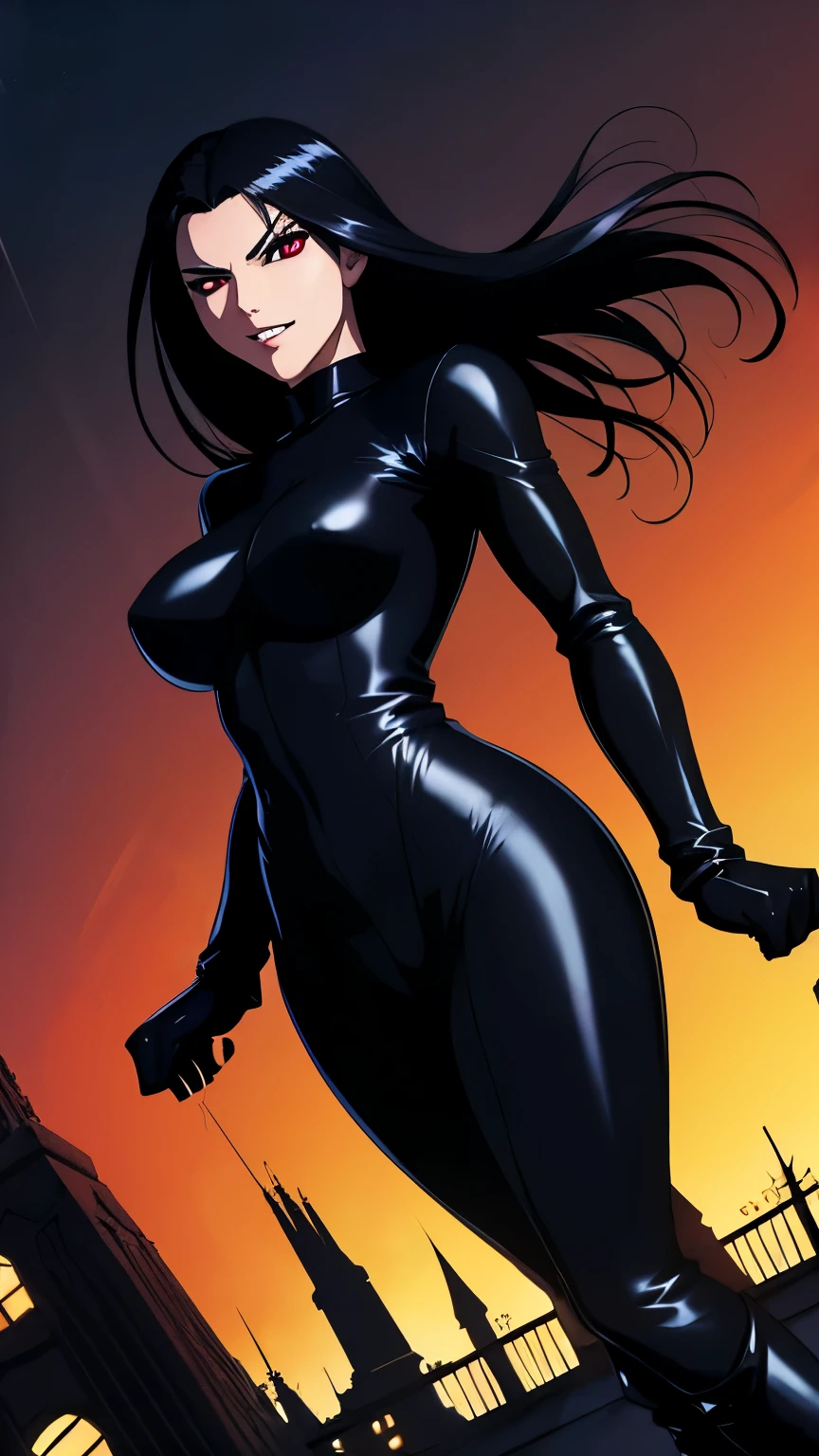 Female, vampire Black tight bodysuit, black hair, medium hair, straight hair, medium breasts, black boots, slim figure, vampire teeth, fangs, brown eyes, hungry eyes look, night city Rooftop background 