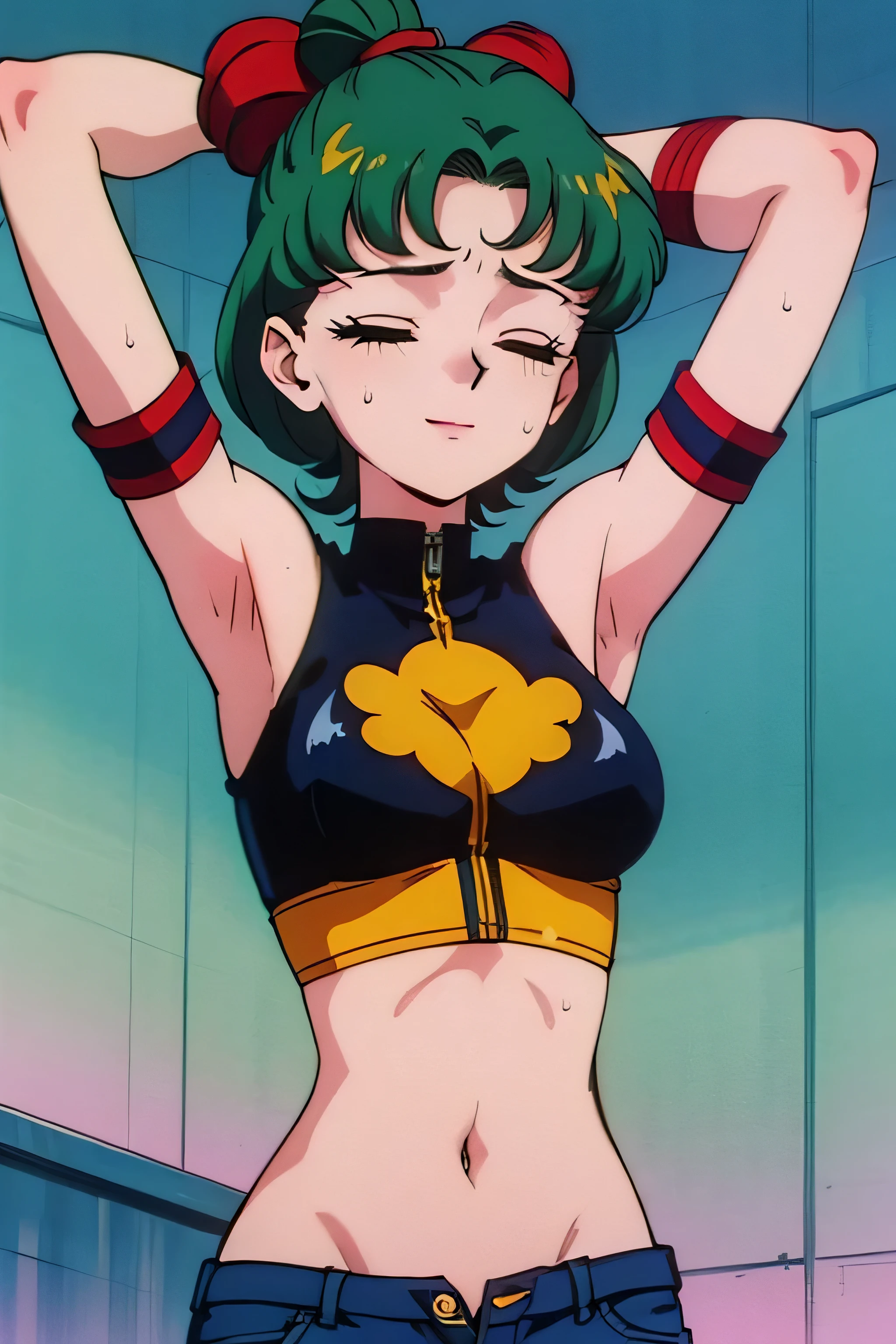 1girl, solo, chart, las vegas, casino, night, arms behind back, sky blue hair, brown buzzcut, topknot, green eyes, pale skin, turquoise blouse, denim shorts, step bars, pauldron, medium breasts, (closed eyes:1.2), smile .EPTakeuchiNaokoStyle, 1990s \(style\), anime screencap, retro artstyle, anime coloring, traditional media,spandex, gloves,arms up,armpits, armpits,sweat,sweaty,sweaty armpits,awesome armpits,sweating ,sleeveless,exhausted,tired, wearing arm bands,arms raised,very tired,sweating,arms raised,both arms raised,sweaty,red arm warmers,red arm bands