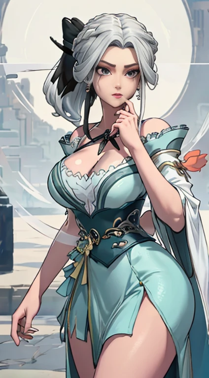 (Best quality,masterpiece:1.2),(Anatomically correct:1.4),Ultra-high resolution,realistically,Front lighting,Intricate details,Exquisite details and textures,1 Girl,solo,(((Large Breasts、Breast sagging、Low-cut,Cleavage ,Wide hips,)))((Long legs)),Hourglass figure))Short skirt,Pleated group,mini skirt(young),Facial highlights,Detail production,Tear mole,White skin,Silver hair,High Ponytail,Put your hands behind you:1.2,Looking at the audience,big eyes,silk hanfu,(hollow pattern,White,Silk dress),ear nipple ring,Large Breasts,fit,Chang'an Avenue,Professional lighting,Photon Mapping,Radio City,Physically based rendering,