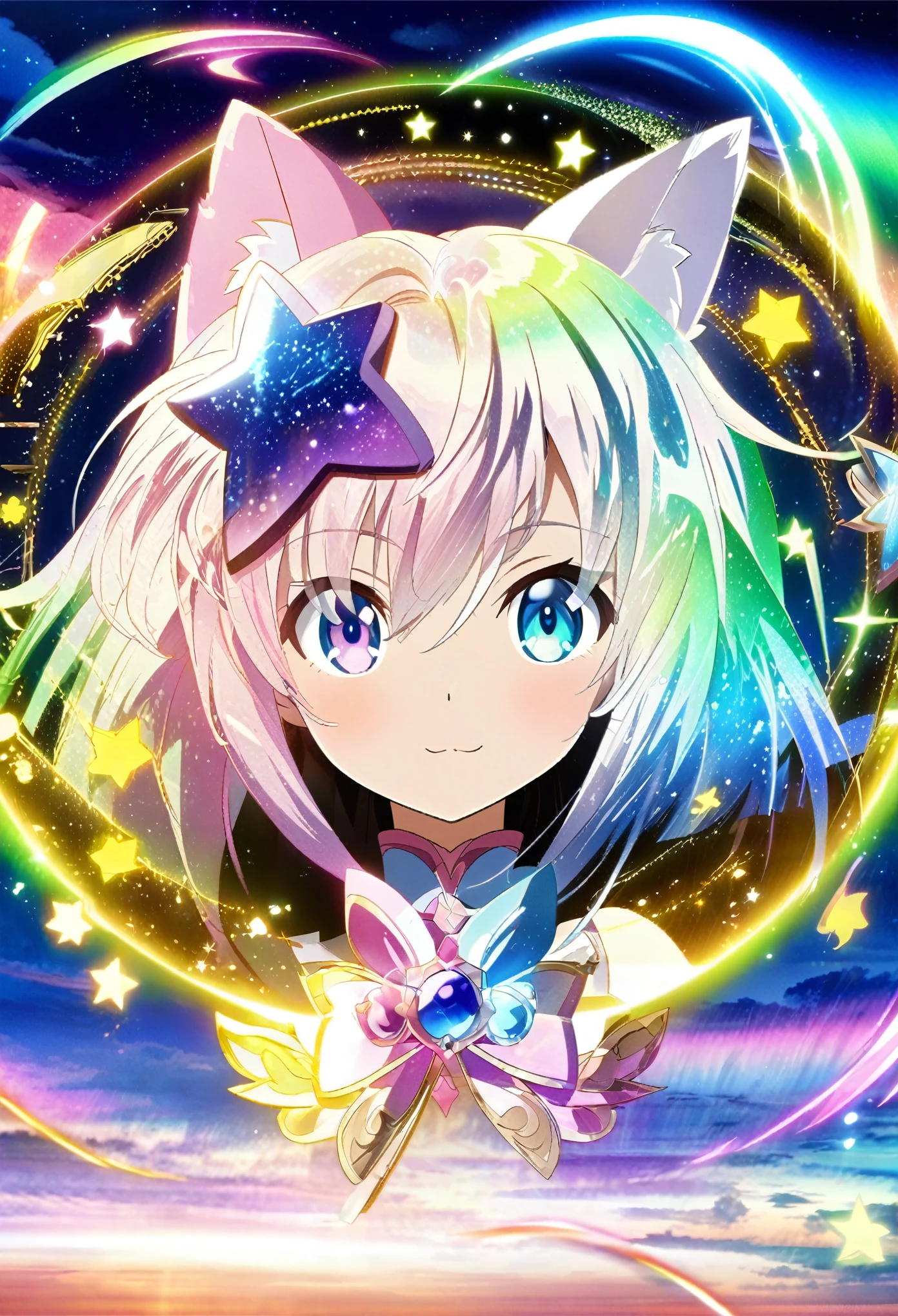 Anime girl with cat and sword in a circle, portrait of Magical girl, Splash art anime , sparkling Magical girl, Vivid RPG Portraits, Official Artwork, Magical girl, Star Fairy, Shadowverse Style, Kschaert Krentz Key Art Feminine, Magical Glitter, Beautiful Sky Magician, Official Art, Gear Aurora Borealis, Promotional Art, White cat lady