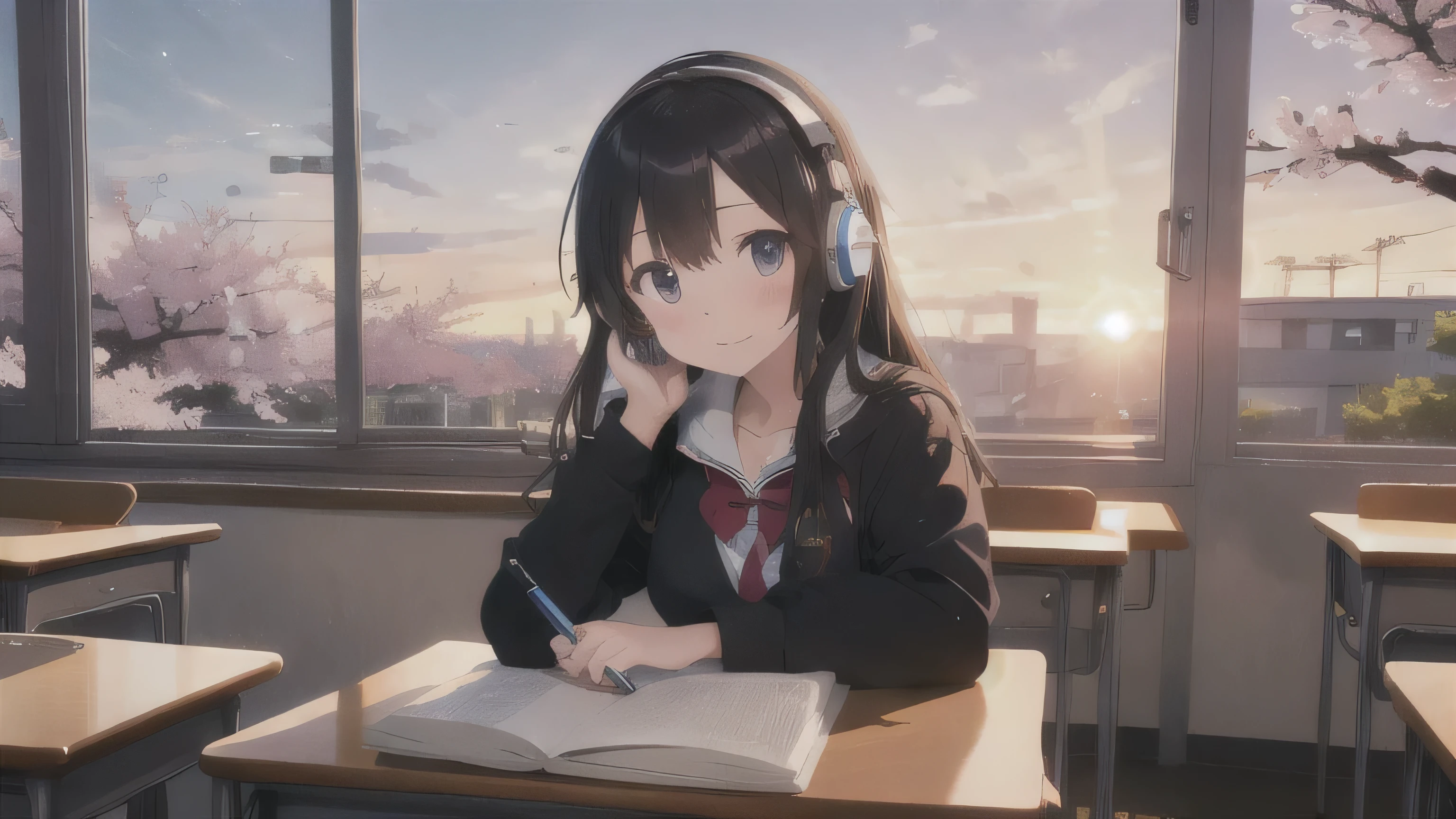 A high school girl wearing headphones is studying in the classroom、Sunset、The cherry blossoms are flickering、Cute expression