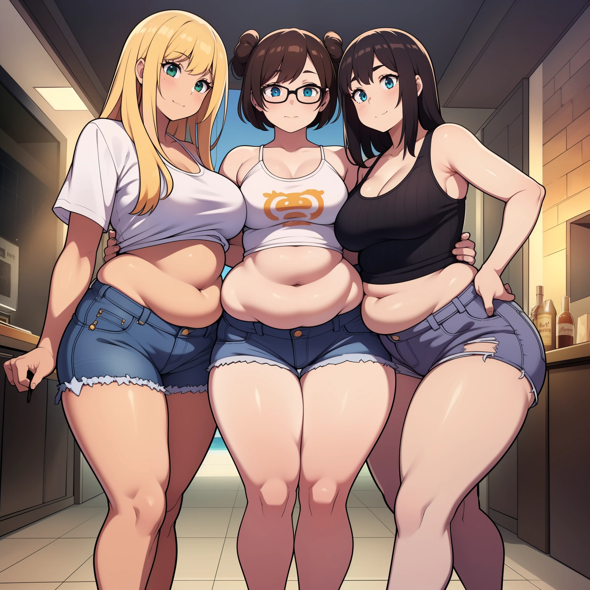 ((highres)), Masterpiece, high quality, best quality, beautiful, perfect lighting, detailed face, ultra cute face, (((3girls))), one girl has blonde hair, blue eyes, crop top and shorts skindentation, one girl has brown hair, green eyes, jeans, white shirt, tight clothes, one girl has, Short black hair, brown eyes, crop top and shorts full body, fast food restaurant, medium breasts, ((wide hips)), ((thick thighs)), ((plump)), chubby belly, fat folds, belly hang, standing, touching each other,