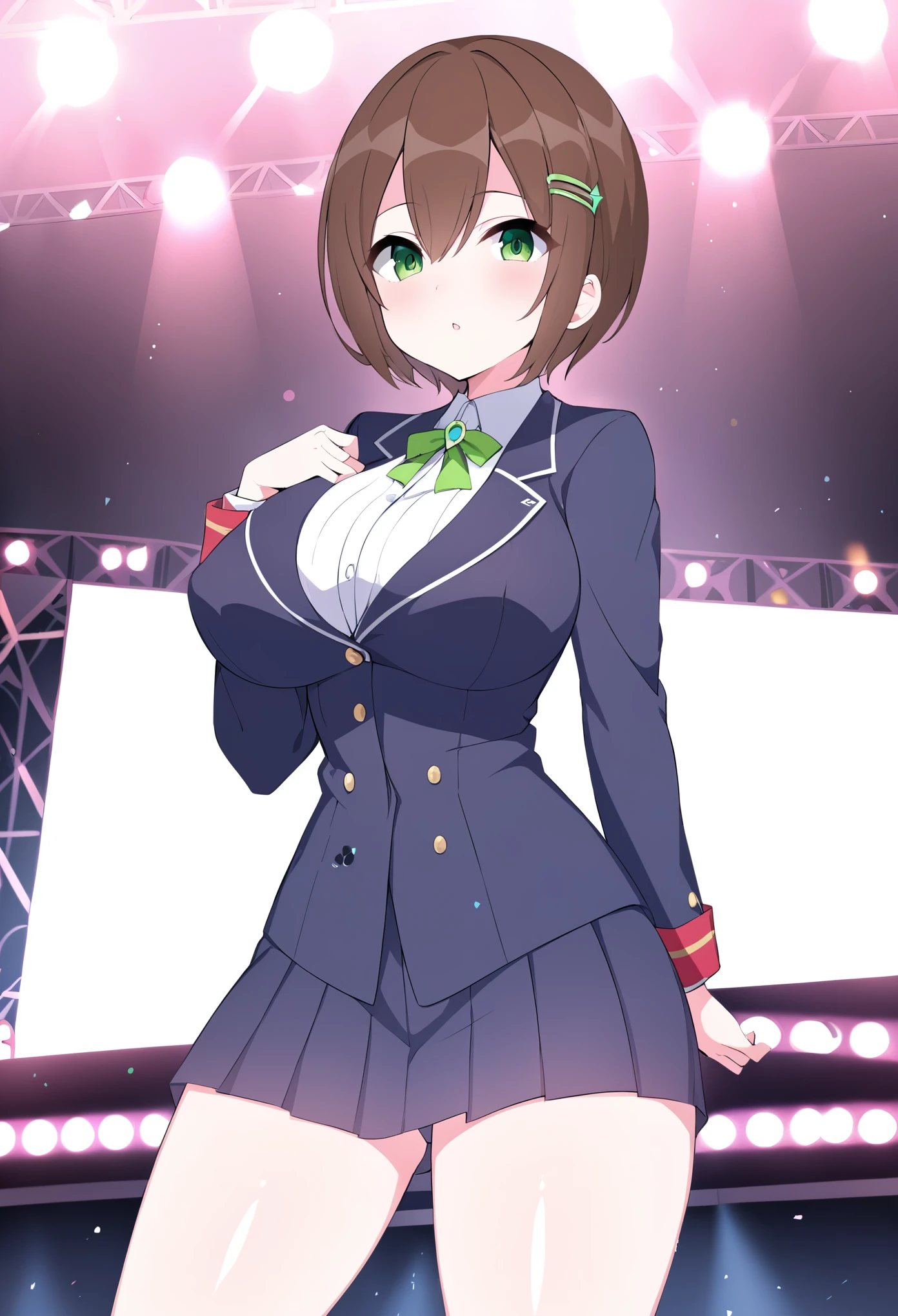 , green eyes, brown hair, short hair, hair ornament,, large breasts, live stage, solo,,　Blazer uniform
