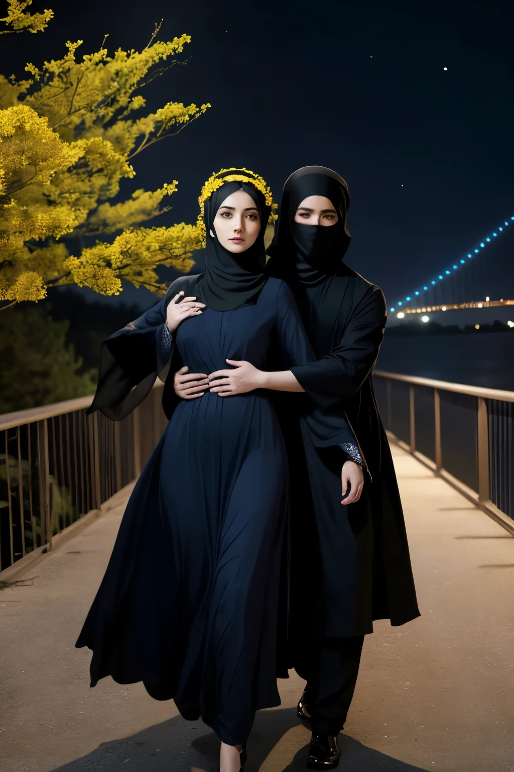 In a majestic night scene with shades of blue, two people appear in a dramatic pose. The first person is a young man in dark clothes, standing on a famous bridge in Istanbul, extending his arm forward in an attempt to save another person.. The second person is a girl wearing a black abaya with a niqab, and wearing a wreath of yellow flowers on her head. She leans her body back as if she is falling in the air, trying to catch the young man's hand. In the background, a cityscape with its twinkling lights appears, and a bridge stretches across calm waters
