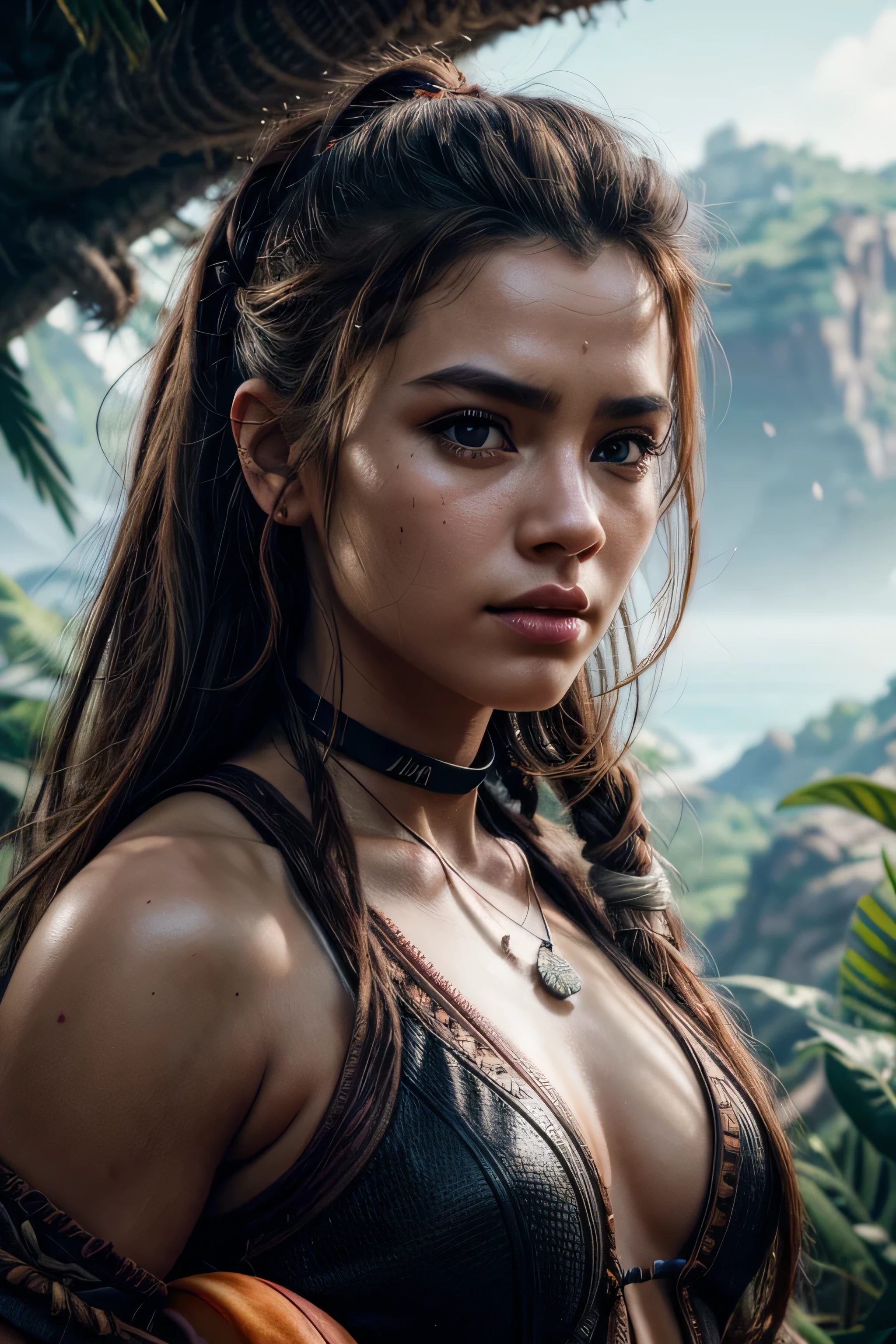ultra realistic photography, perfectly centered medium upper shot of Aloy from horizon zero dawn, creatures from horizon zero dawn jungle cliffs in the background, looking at viewer, fashion pose, extremely detailed eyes, detailed symmetric realistic face, extremely detailed natural texture, detailed peach fuzz, messy hair, masterpiece, absurdres, award winning photo by lee jeffries, nikon d850 film stock photograph, kodak portra 400 camera f1.6 lens, depth of field, extremely detailed, amazing, fine detail, rich colors, hyper realistic lifelike texture, dramatic lighting, unrealengine, trending on artstation, cinestill 800 tungsten, photo realistic, RAW photo, TanvirTamim, high quality, highres, sharp focus, extremely detailed, cinematic lighting, 8k uhd, high definition, cinematic, neoprene, behance contest winner, featured on unsplash, cgsociety, unreal engine 5, ultra sharp focus