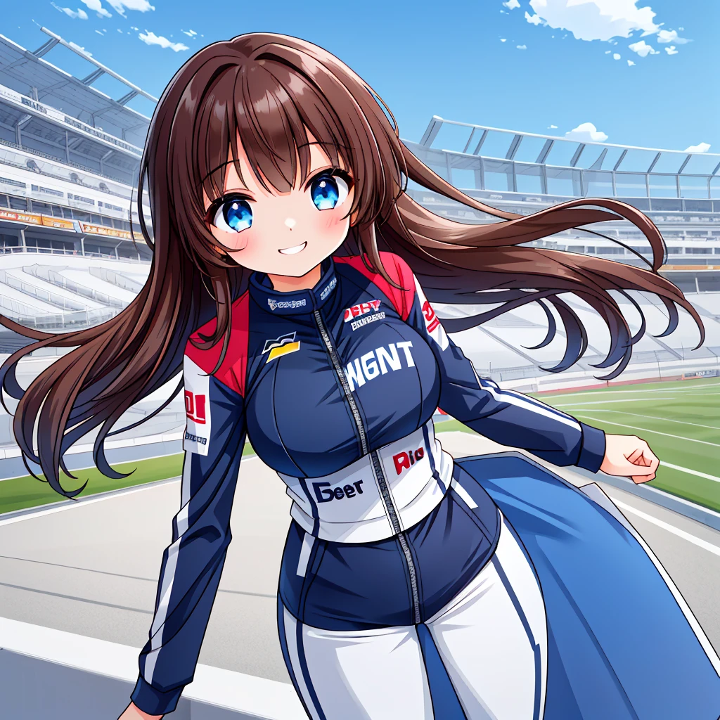 A Beautiful and Attractive Girl, with (Lush, Medium-Long Dark-Brown Hair), (Big Beautiful Blue Eyes), (Extremely Enormous Breasts), (Extremely Wide Hips), and a Beautifully Curvy Body with a slightly short figure. She is wearing a Red and Black Racing-suit that is slightly worn. She’s Standing with her hands on her hips, in a victorious stance, softly grinning with a confident expression. There is a NASCAR stadium in the background, with the camera focusing on her. (((Best Quality))), ((1girl)), (((Best Resolution))), (((Perfect Anatomy))), ((Perfectly Drawn Hands)), ((Perfectly Detailed)), ((Accurately Drawn)),