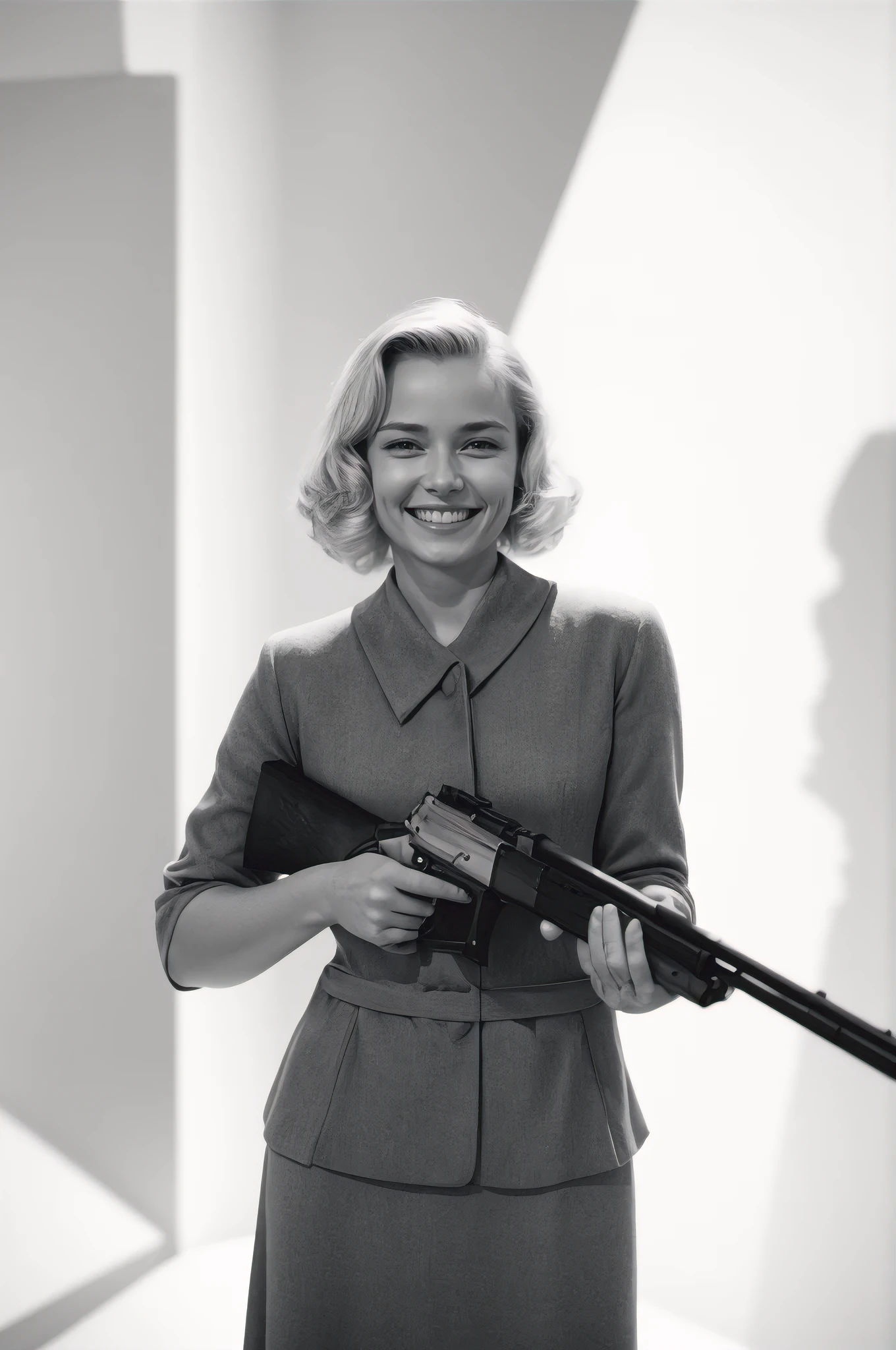 A vintage black and white studio photograph featuring a smiling blonde woman holding a shotgun. The woman is dressed in a modest, stylish outfit from the mid-20th century. The background is pristine white, creating a stark contrast with the monochrome image. The overall ambiance of the photo is reminiscent of a bygone era, with the woman's smile exuding confidence and assurance., photo