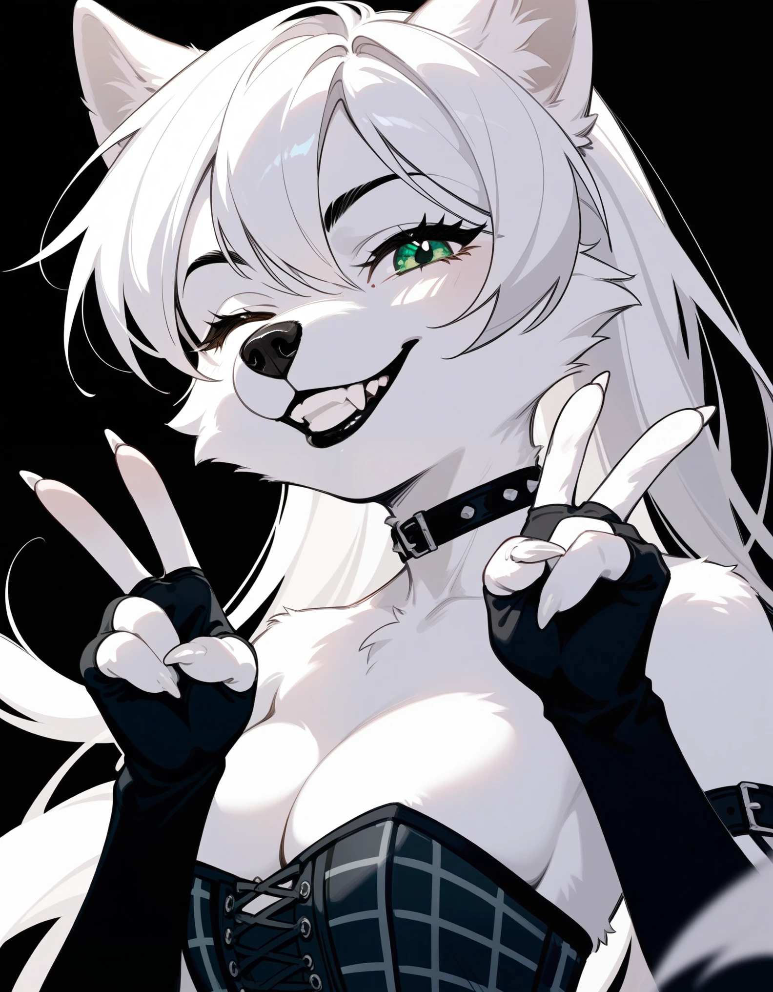 Solo,  score_9,score_8_up,score_7_up, source_cartoon, source_furry, an Anthro furry white husky girl, green eyes, husky dog female, all white fur, long straight white hair, hair parted in the middle,  black lips,white ears, white tail, wearing black corset, black arm warmers and fingerless gloves, black and white plaid skirt, abstract black and white background, close up, portrait, soft lines, soft colors, soft shading, cocky smile, side view, holding up peace sign with fingers, winking, toothy grin, canine teeth,