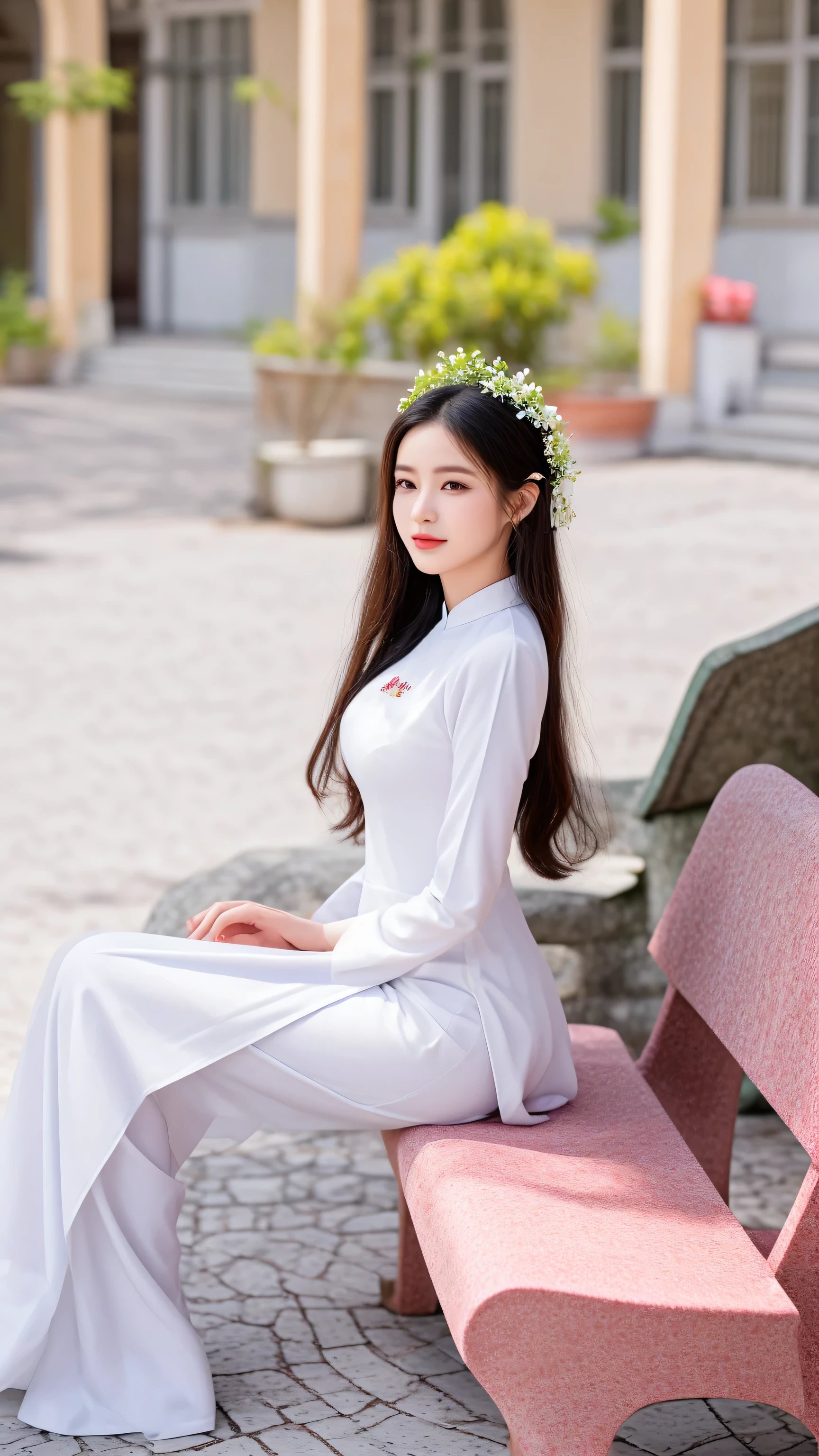 araffe woman in white dress sitting on a bench in a courtyard, ao dai, a beautiful woman in white, vietnamese woman, mai anh tran, in style of lam manh, lovely woman, dressed a long white, in white clothes, with a long white, a young asian woman, dressed in a beautiful white