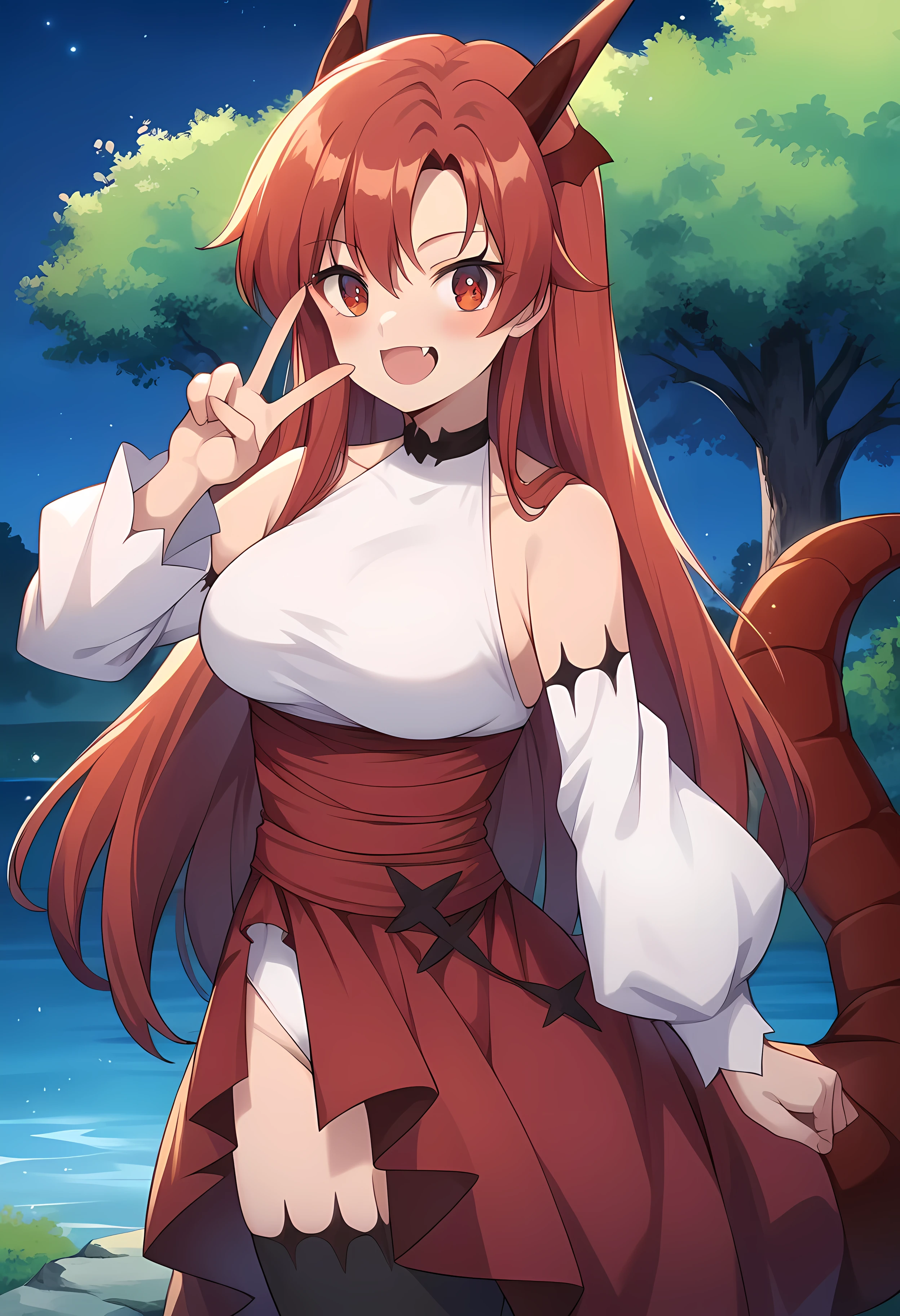 score_9, score_8_up, score_7_up, source_anime, masterpiece, best quality, highres, 1girl, tania, red hair, red eyes, white leotard, red skirt, black thighhighs, detached sleeves, red dragon tail, dragon tail, outdoors, cowboy shot, from front, looking at the viewer, blushing, smiling open mouth, peace hand sign, skin fang, lake in the background, night time, night sky, anime sky, anime clouds,