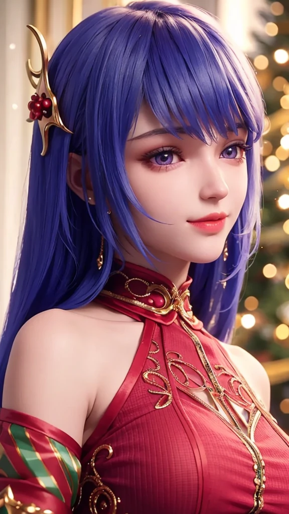 girl, beautiful detailed eyes, beautiful detailed lips, extremely detailed eyes and face, long eyelashes, Christmas themed clothes and accessories, cute smile, enjoy the festive atmosphere.