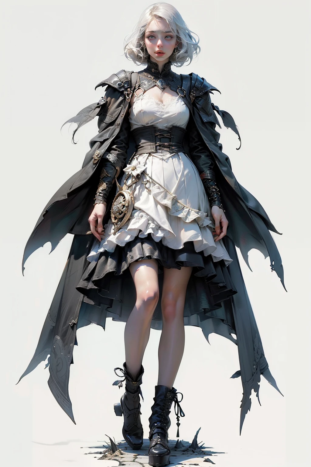 ((best quality)), ((masterpiece)), (detailed), perfect face, hand drawn style, hand painted style, watercolour, sketch, a knight, white background, plain background, Bloodborne inspired, tatty Bloodborne attire, occult aesthetic, occult, tatty red and white clothing detailed and intricate steampunk and detailed gothic lolita (with a hood), diadems, long coat, Complex laced boots, Fluttering lace flared long knee length dress with frilly petticoats, long dress, knee length dress, pleated petticoats, lolita dress, petticoats gothic lolita, beautiful small breasts, (((( Highly detailed face))), small thin nose, Small thin lips mouth, (((Very sharp focused eyes))), Very large slit precision pale grey eyes that shine like jewels. very long eyelashes, Silver hair swaying in the wind, Emitting a dazzling light in a mandala pattern, white background, Very dramatic and cinematic lighting, tatty damaged old red and white clothing, full body, whole body, body, cosmic horror, grim dark
