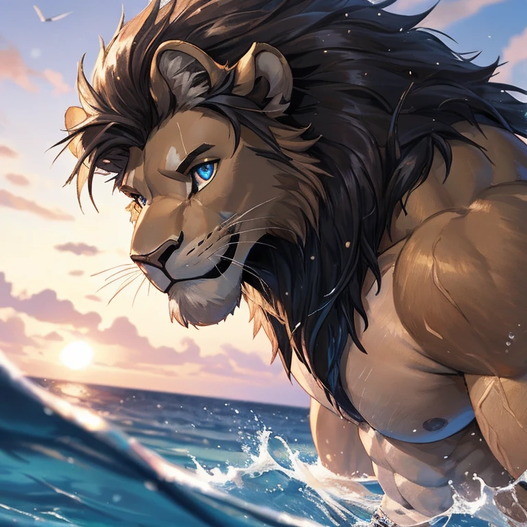 a male lion, twink, no muscle, no hair, juvenile mane, naked, wearing swimming shorts, on the sea, beautiful detailed eyes, beautiful detailed lips, grinning, extremely detailed eyes and face, long eyelashes, photorealistic, hyper detailed, 8k, high quality, masterpiece, vibrant colors, natural lighting, dramatic lighting, cinematic composition, dynamic pose